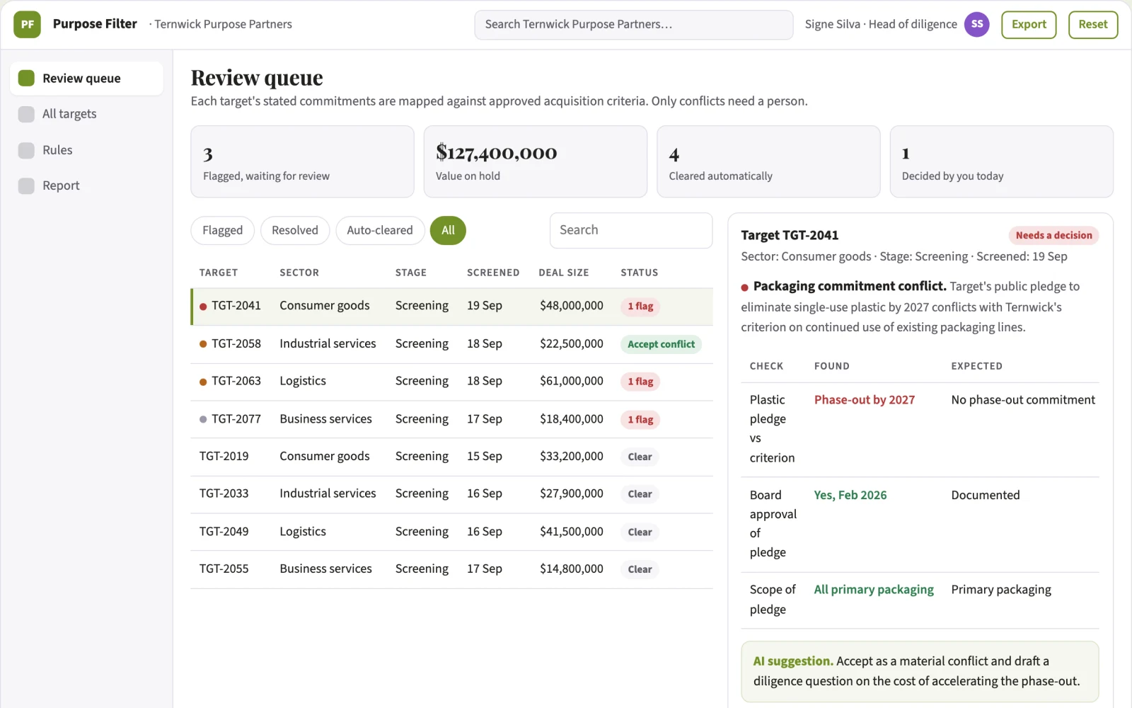 Screenshot of the Company purpose acquisition filter interactive demo