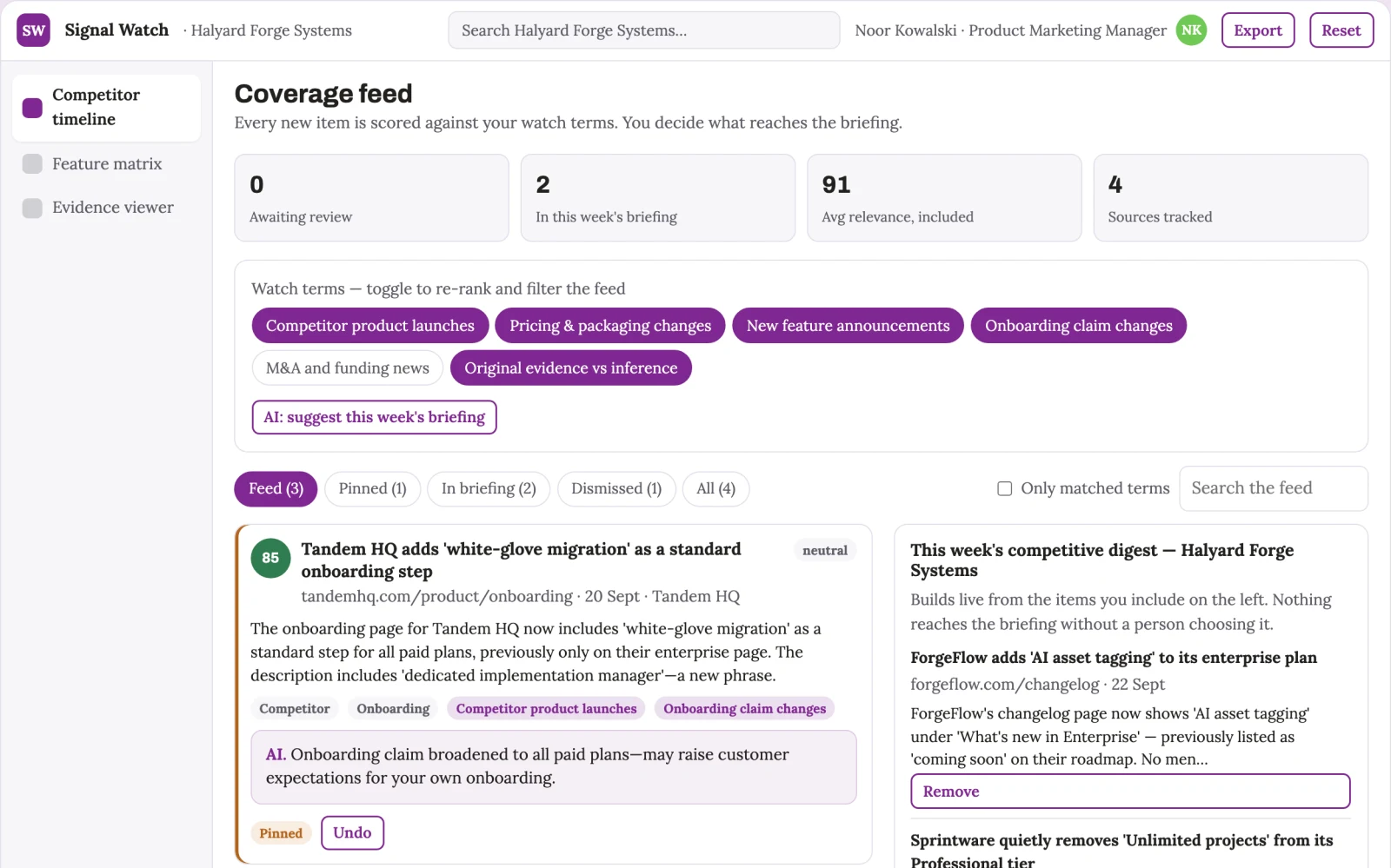 Screenshot of the Competitive product monitor interactive demo