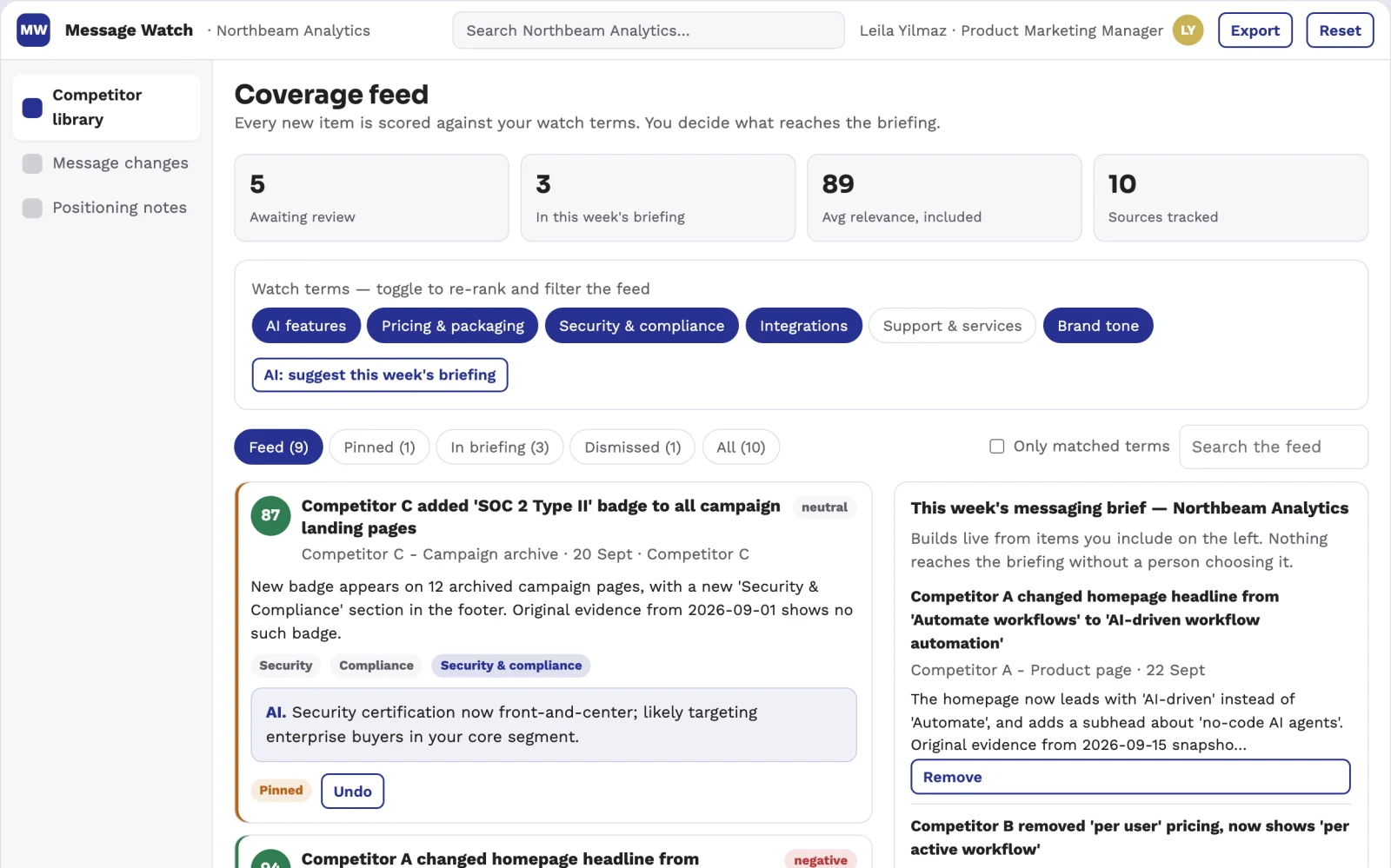 Screenshot of the Competitor messaging monitor interactive demo