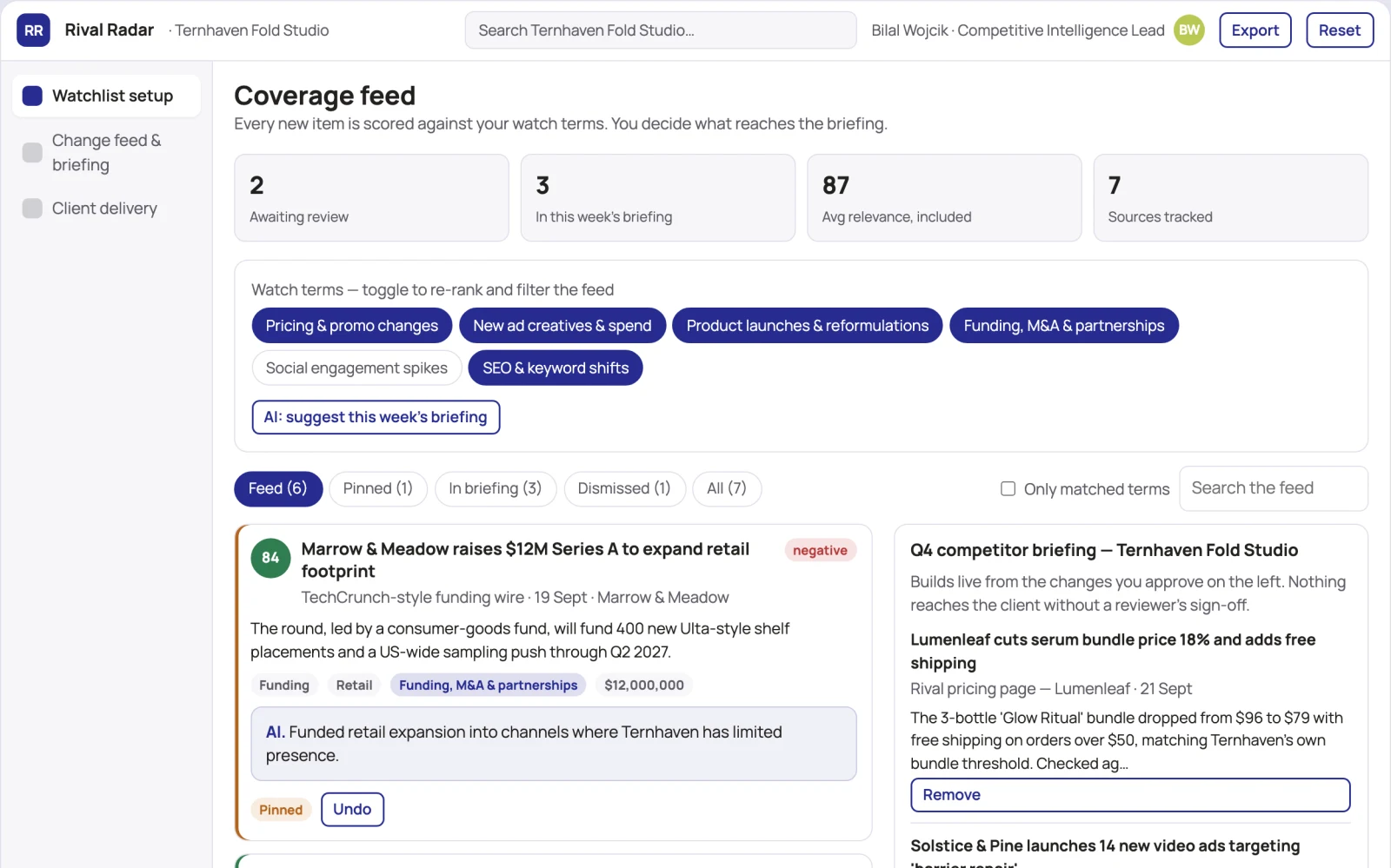 Screenshot of the Competitor watchlist and briefing workbench interactive demo
