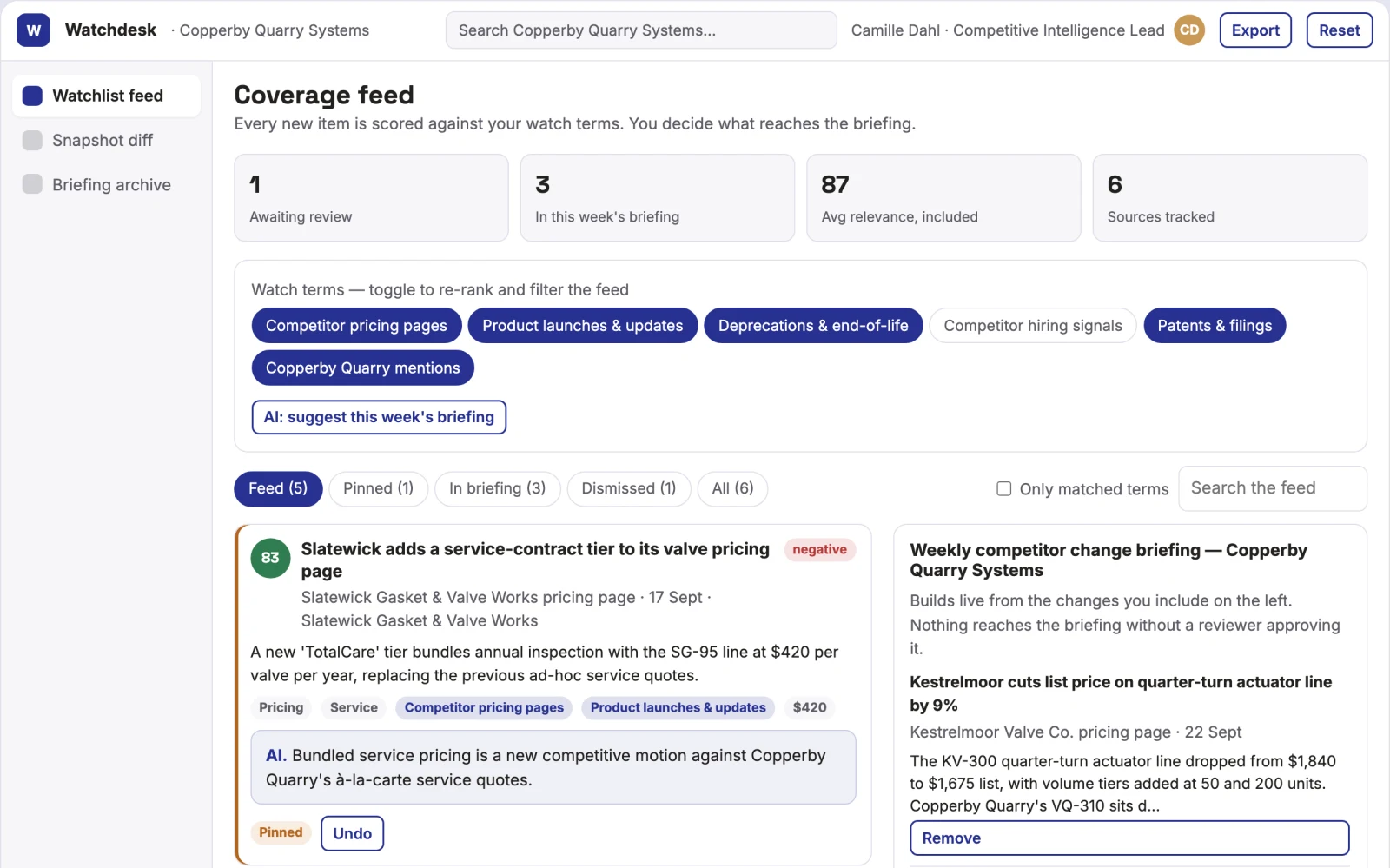 Screenshot of the Competitor web change briefing desk interactive demo