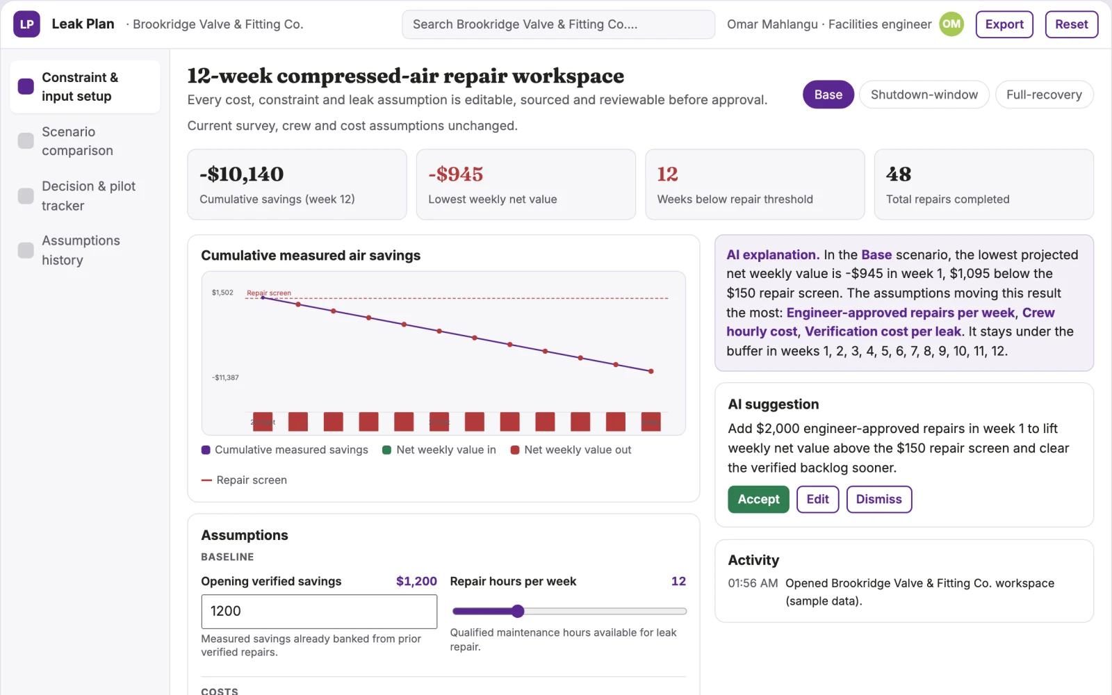 Screenshot of the Compressed-air repair investment optimizer interactive demo
