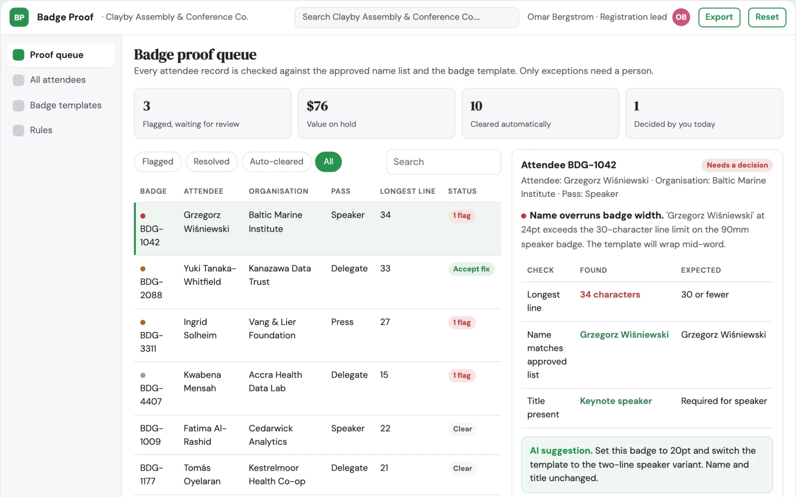 Screenshot of the Conference badge data proofing interactive demo