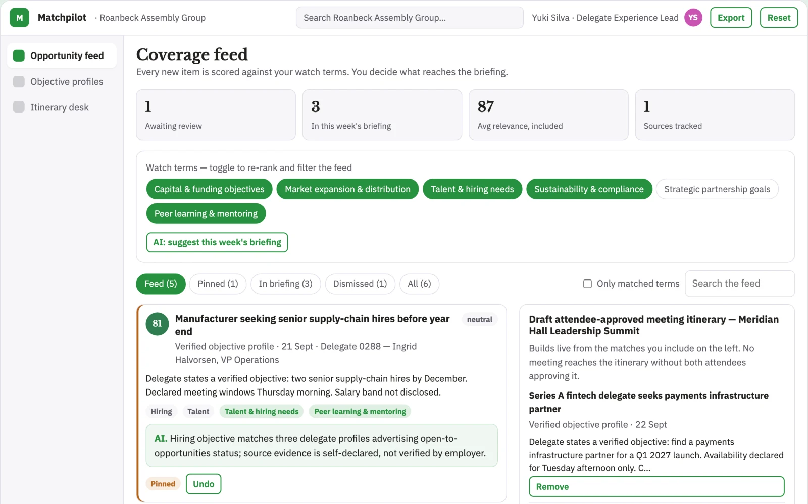 Screenshot of the Conference networking objective matcher interactive demo