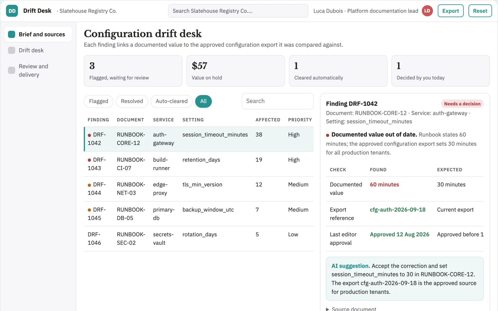 Screenshot of the Configuration documentation drift desk interactive demo