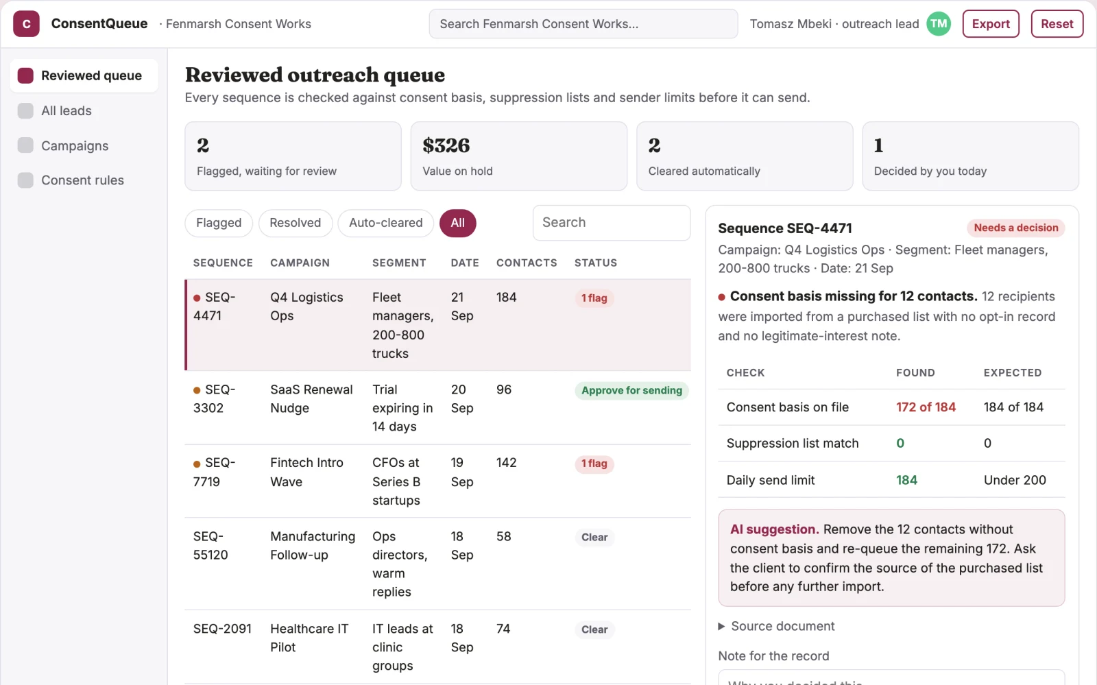 Screenshot of the Consent-based outreach coordination portal interactive demo