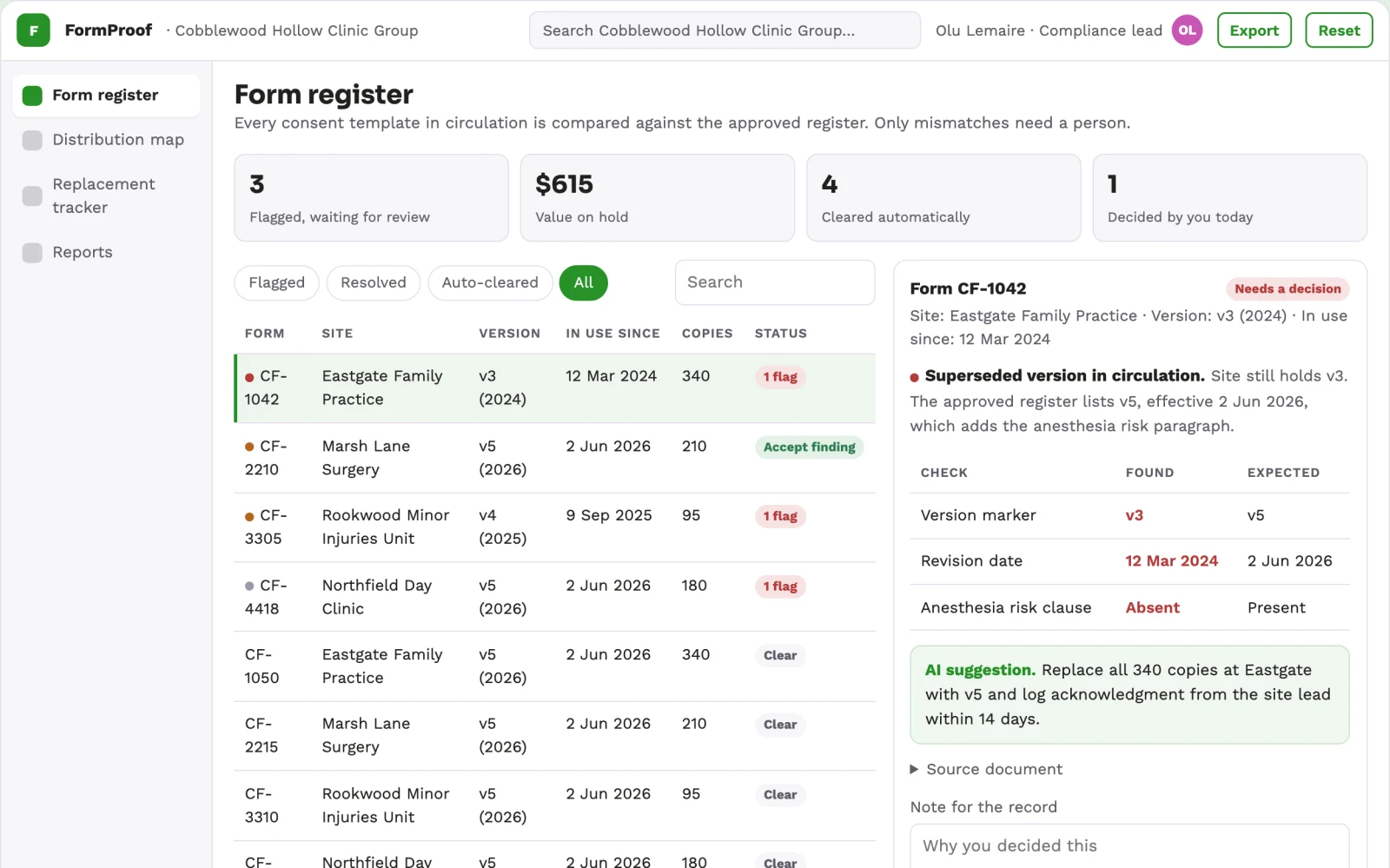 Screenshot of the Consent form version distribution desk interactive demo