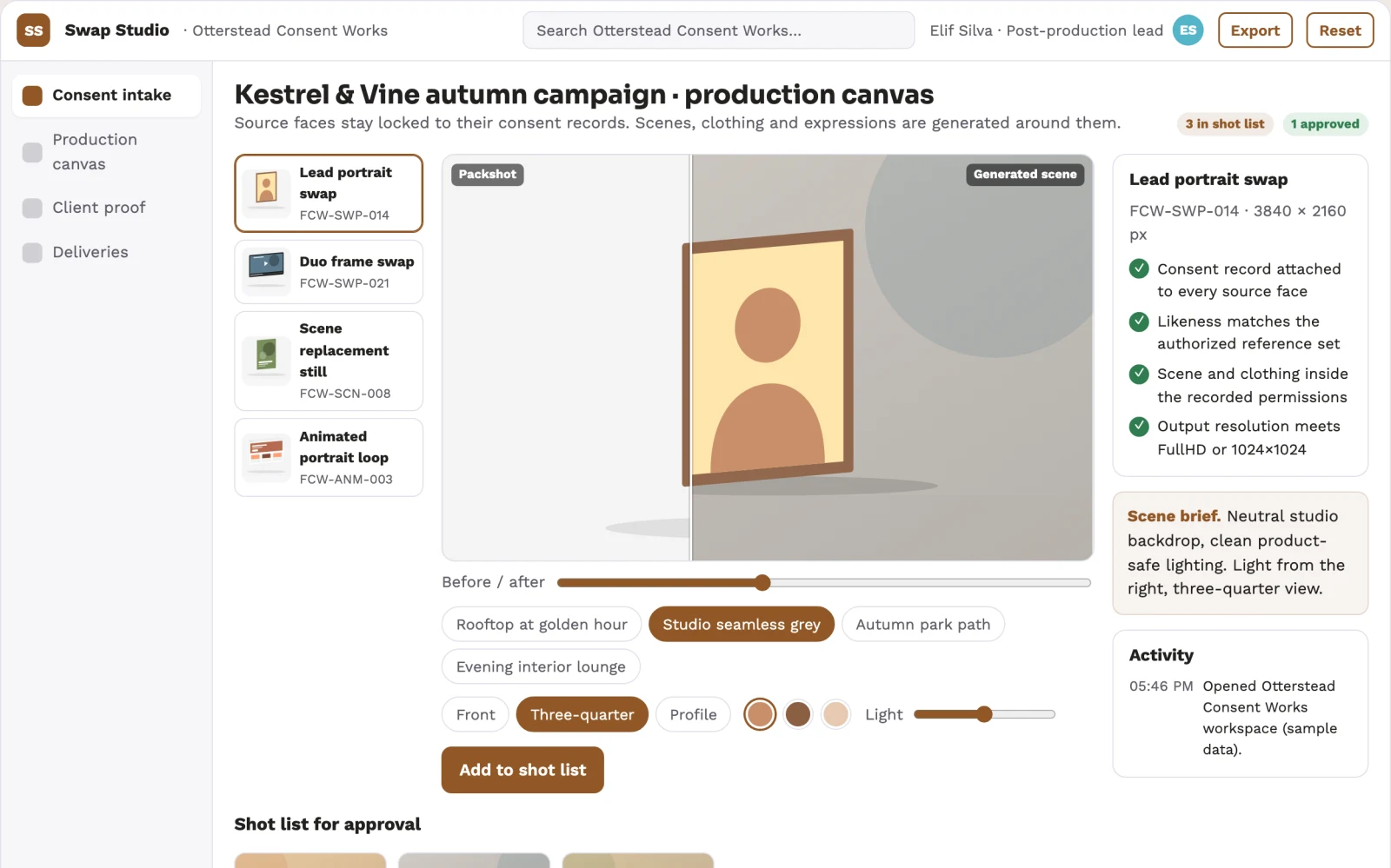 Screenshot of the Consented face and scene replacement studio interactive demo