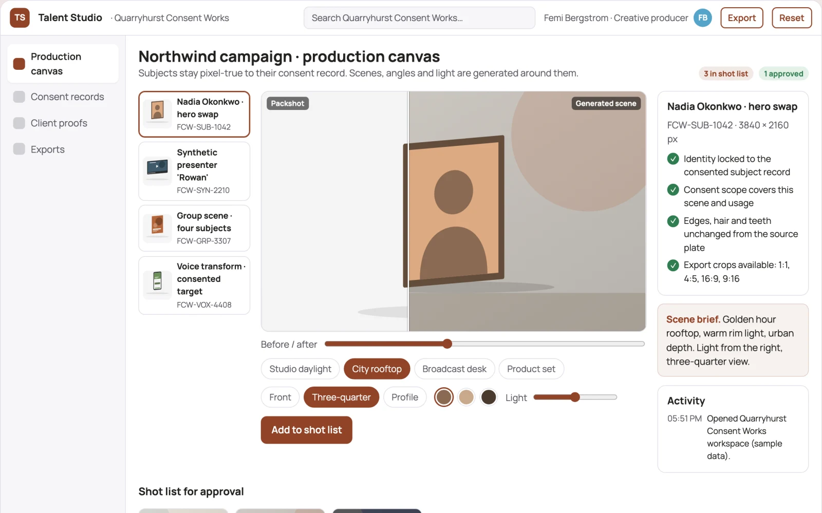 Screenshot of the Consented face and synthetic talent production studio interactive demo