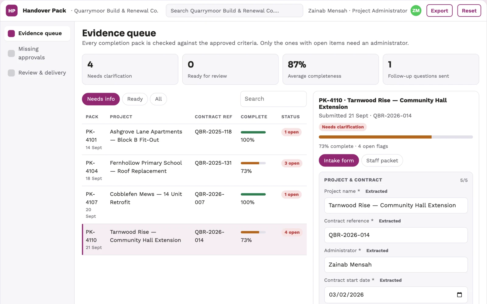Screenshot of the Construction completion evidence pack interactive demo