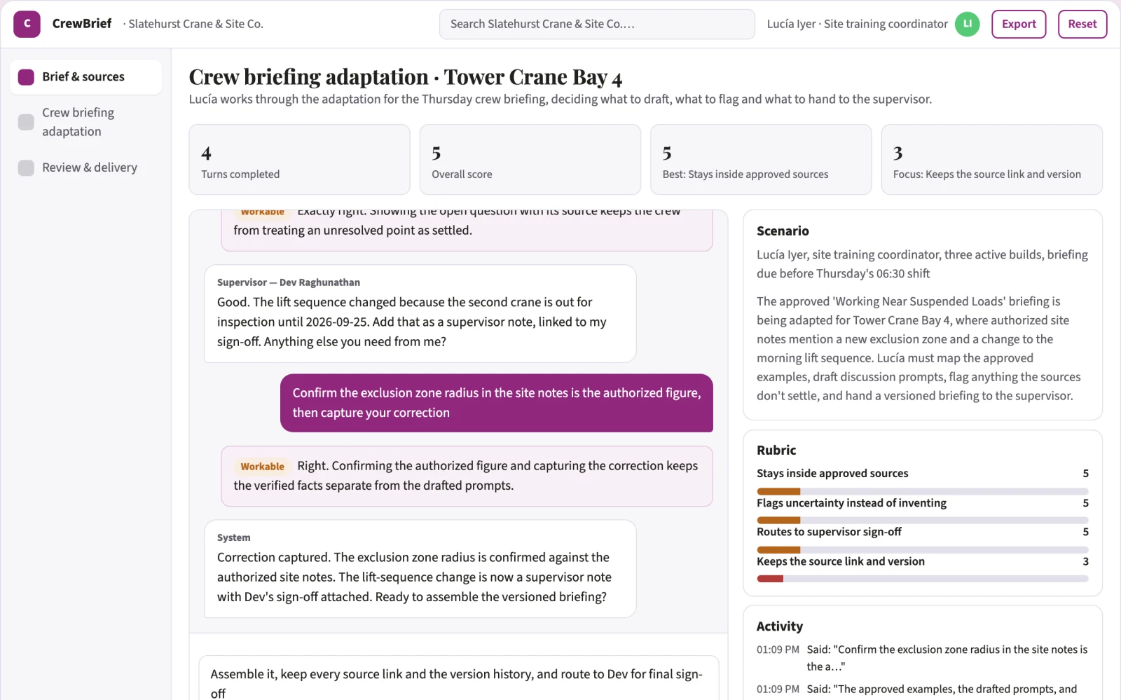 Screenshot of the Construction crew briefing adaptation interactive demo