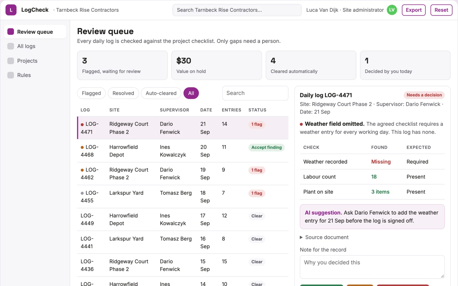 Screenshot of the Construction daily-log completeness interactive demo