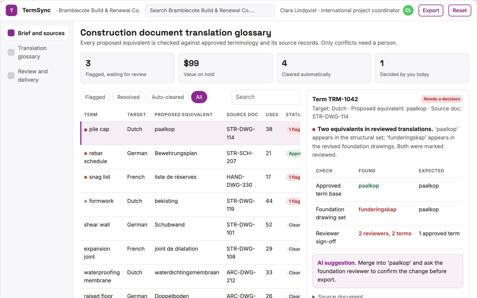 Screenshot of the Construction document translation glossary interactive demo