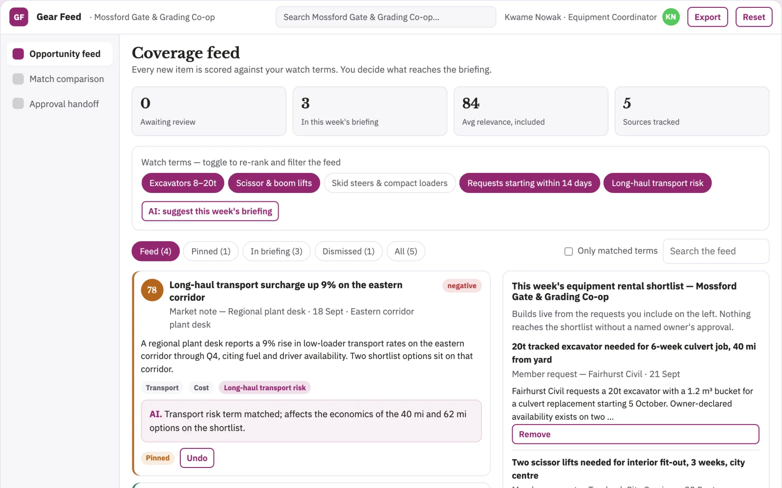 Screenshot of the Construction equipment utilization broker interactive demo