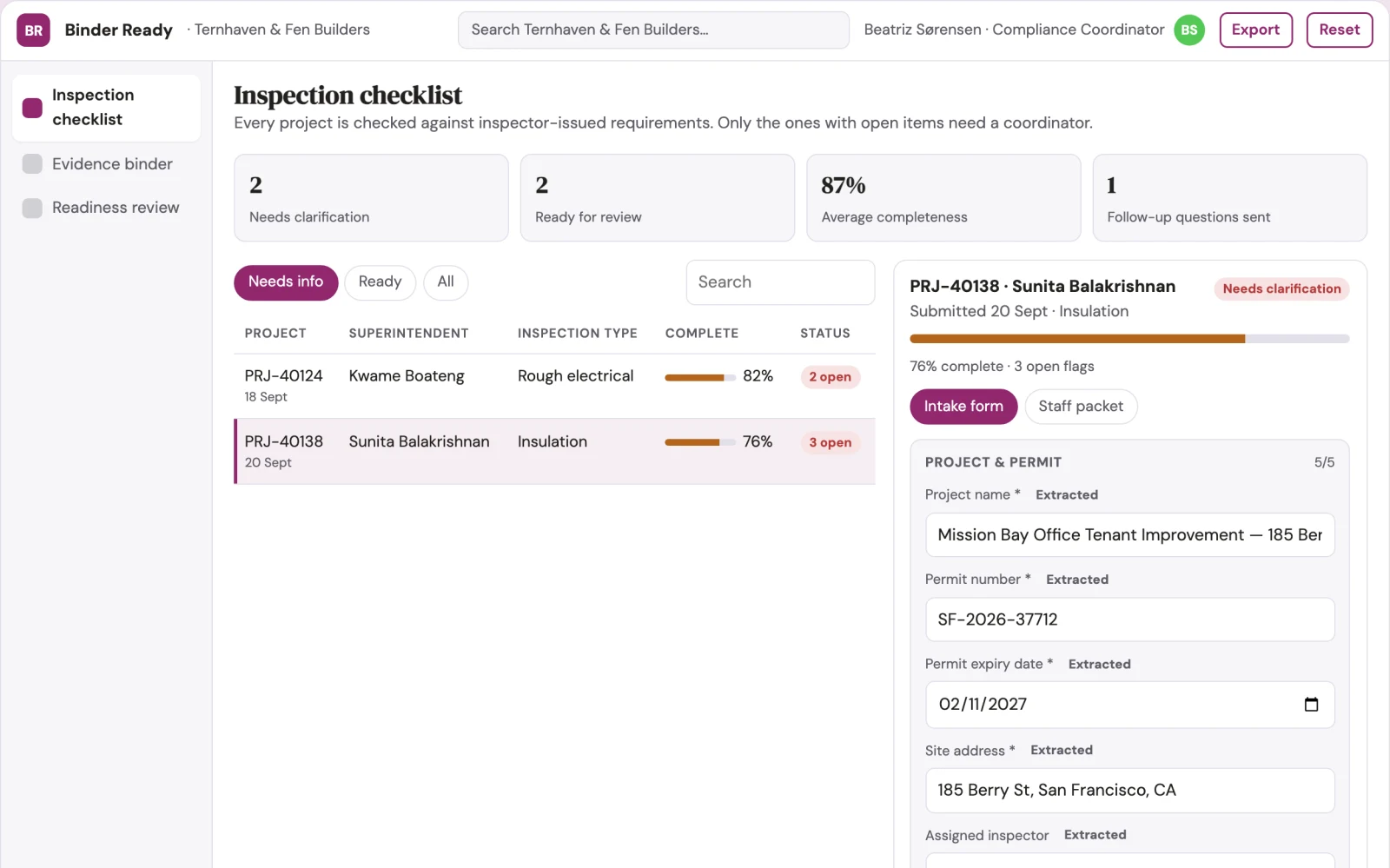 Screenshot of the Construction inspection readiness binder interactive demo