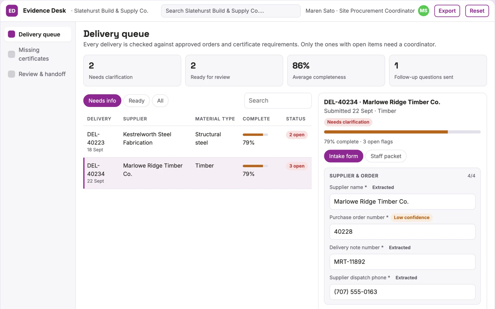 Screenshot of the Construction material delivery evidence desk interactive demo