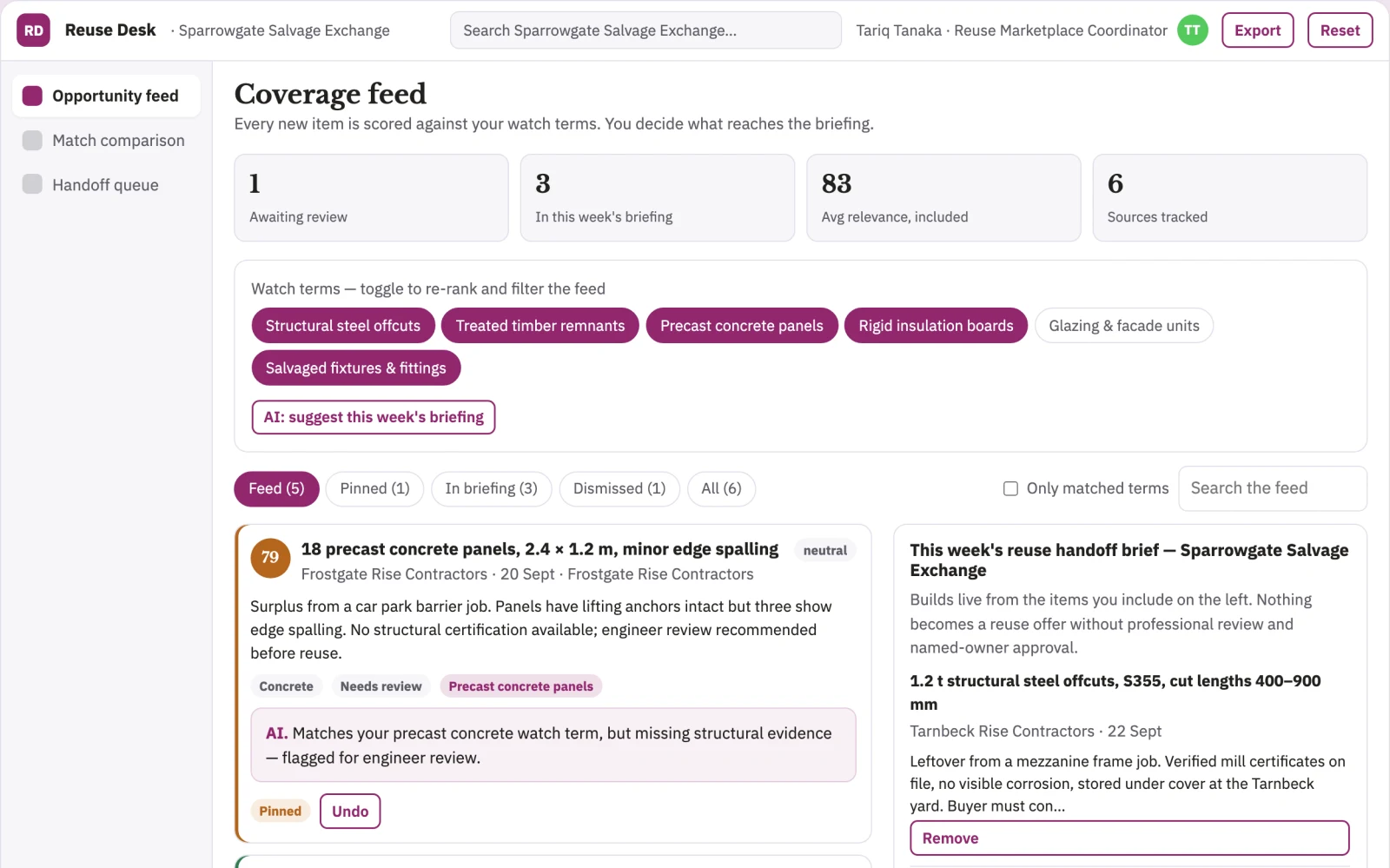 Screenshot of the Construction offcut reuse marketplace interactive demo