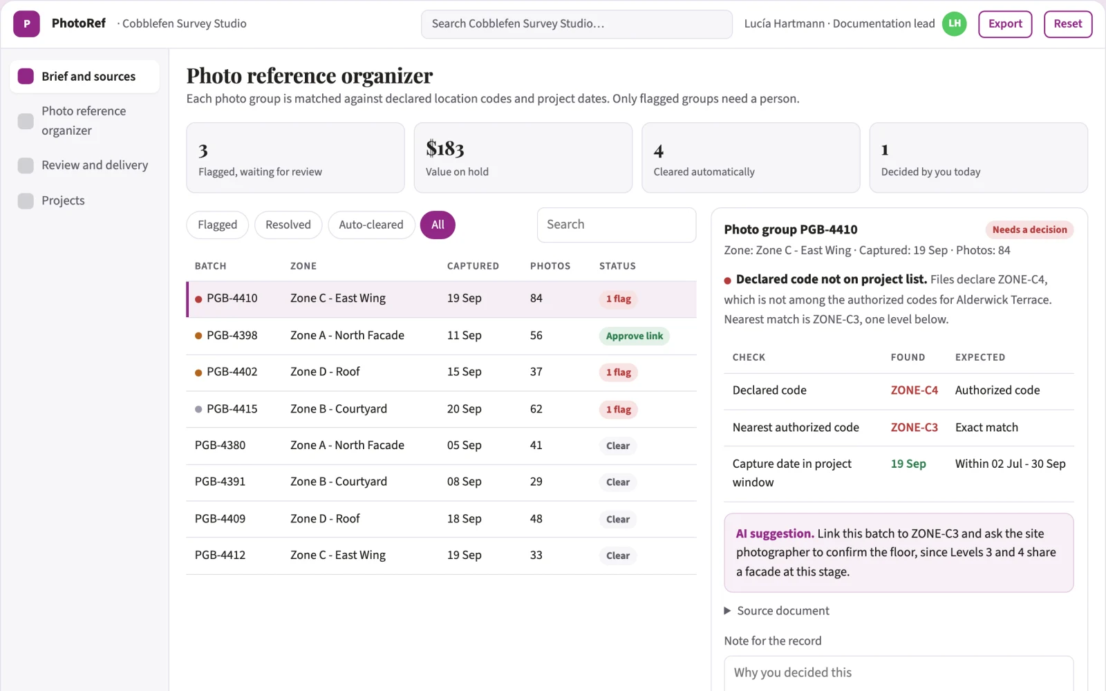 Screenshot of the Construction photo reference organizer interactive demo