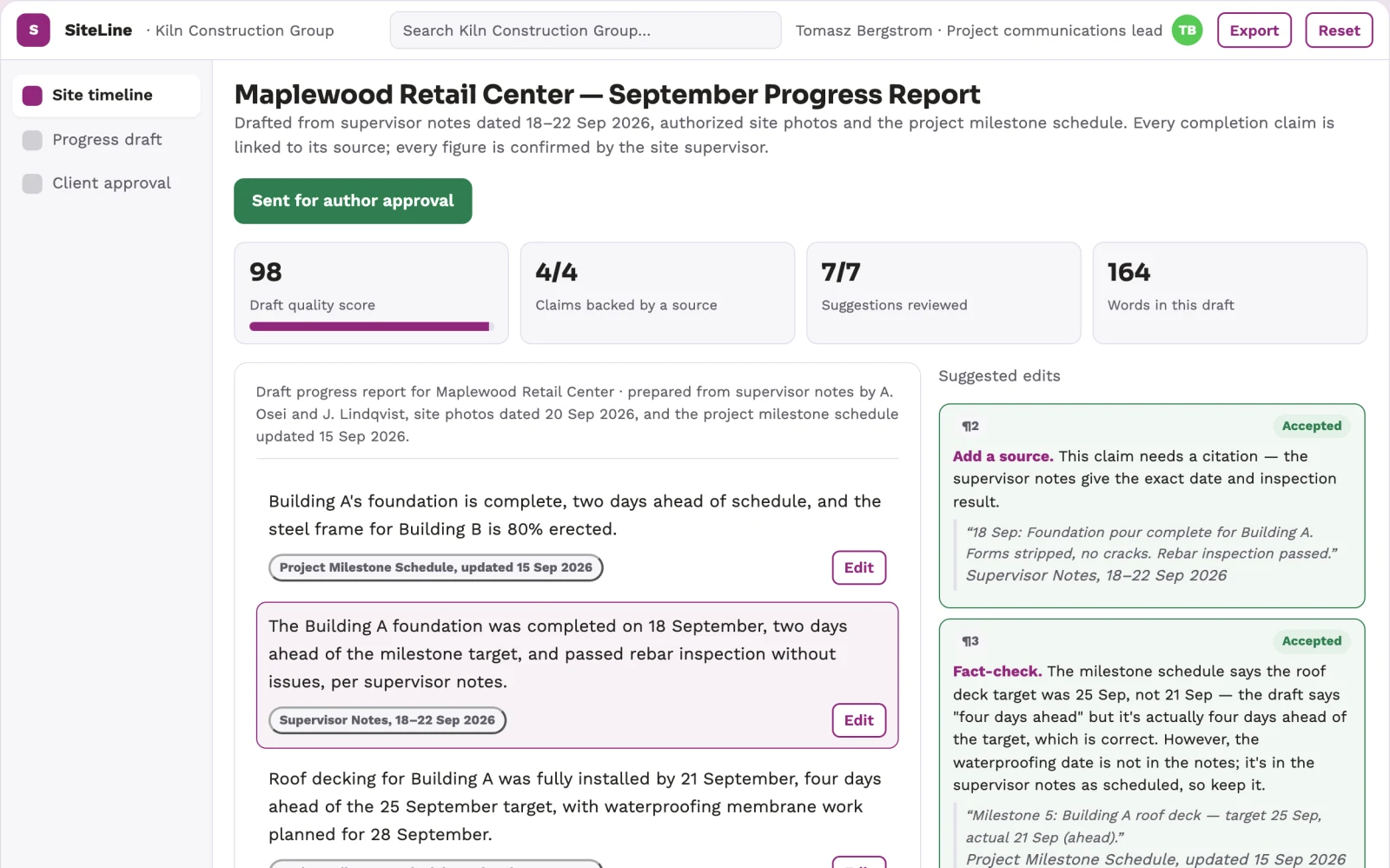 Demo screen of Construction progress reporting