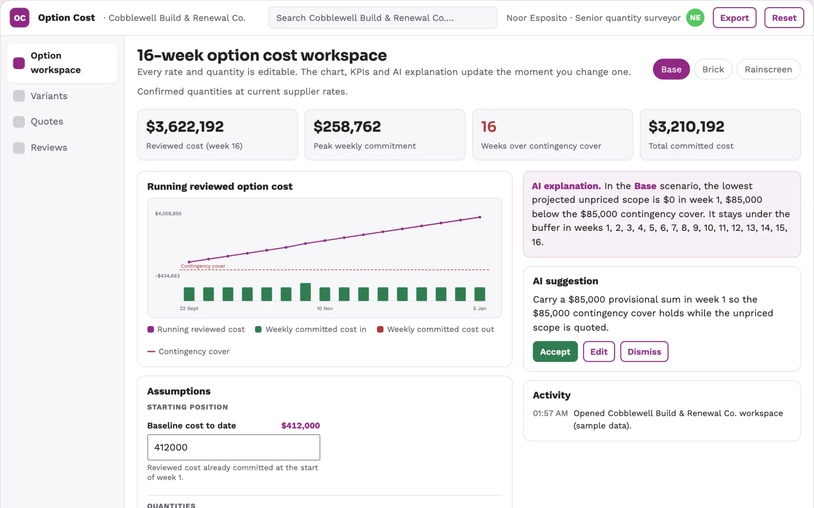 Screenshot of the Construction quantity change scenario engine interactive demo