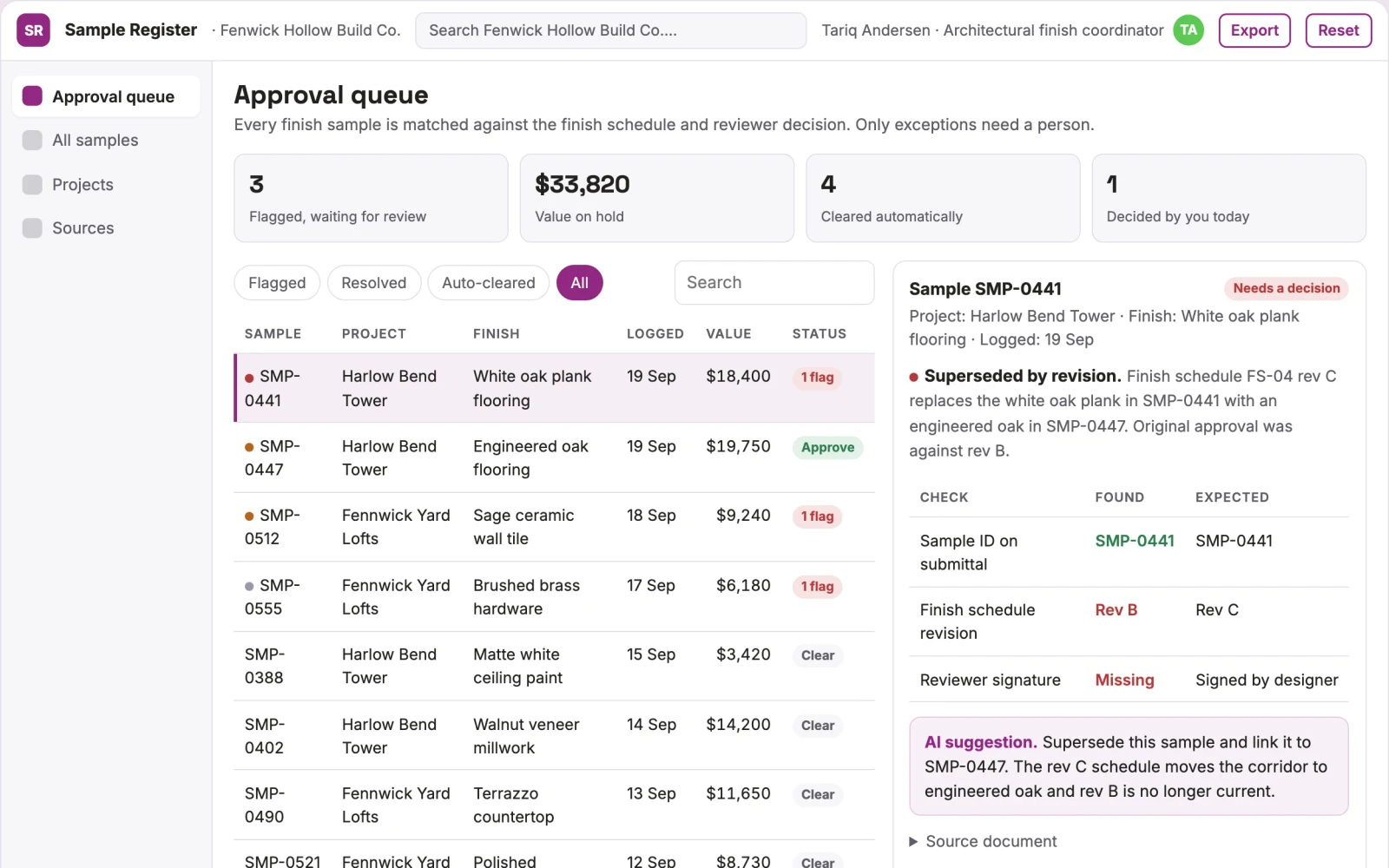 Screenshot of the Construction sample approval register interactive demo