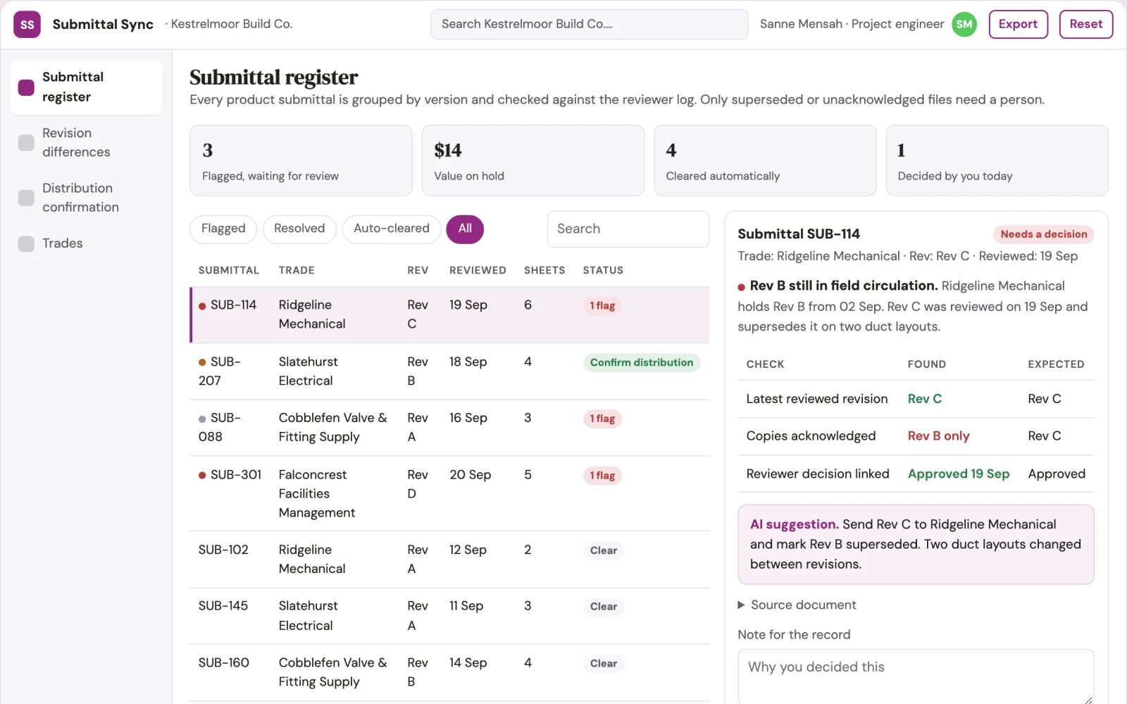 Screenshot of the Construction submittal revision tracker interactive demo