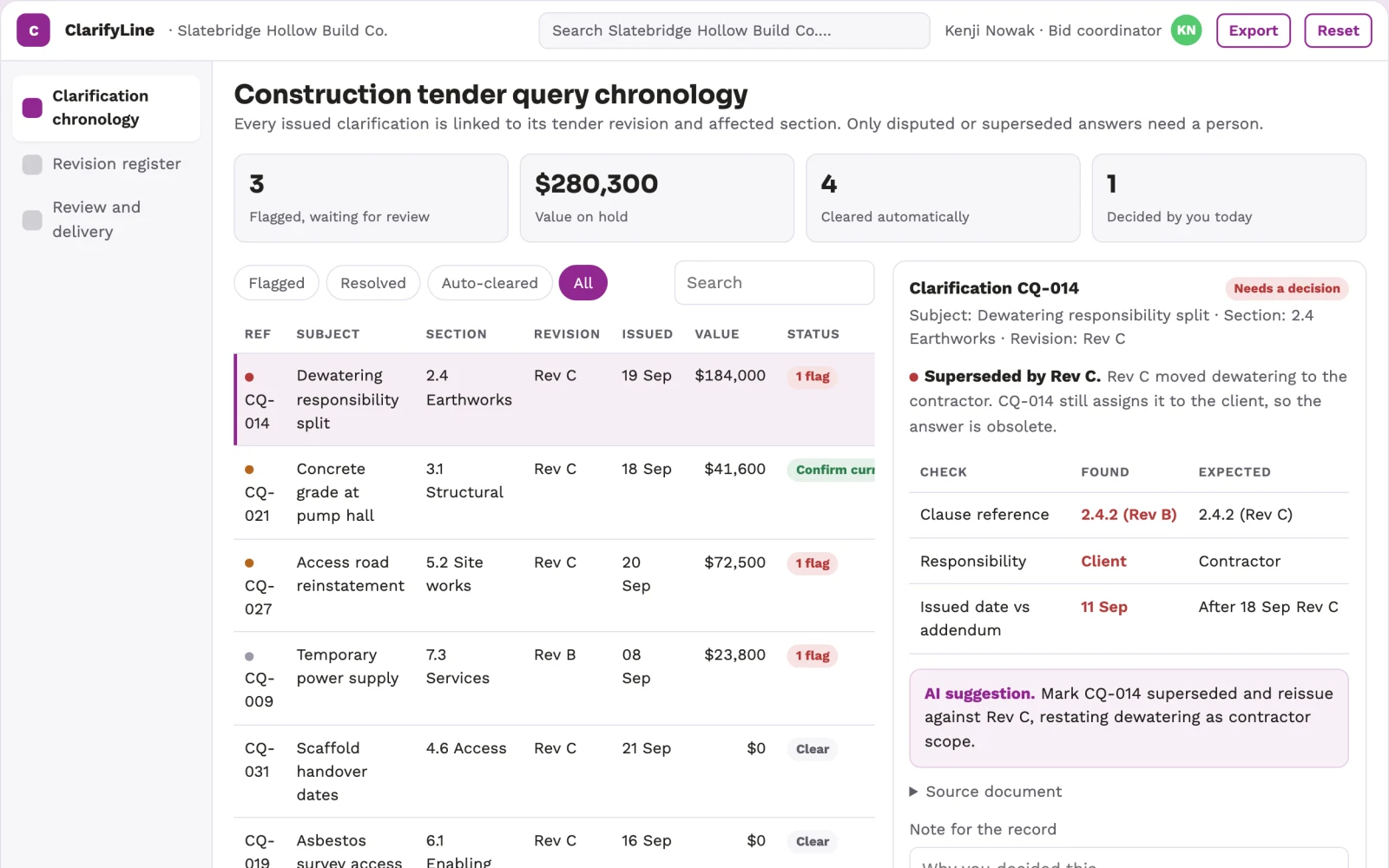 Screenshot of the Construction tender query chronology interactive demo