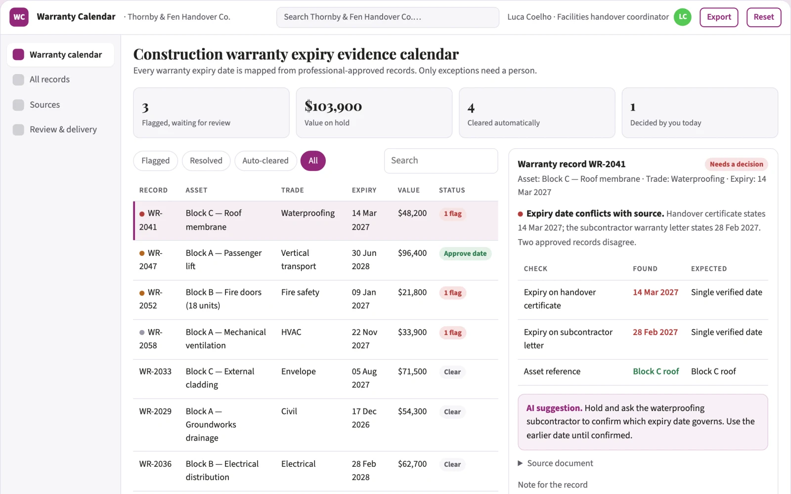 Screenshot of the Construction warranty expiry evidence calendar interactive demo