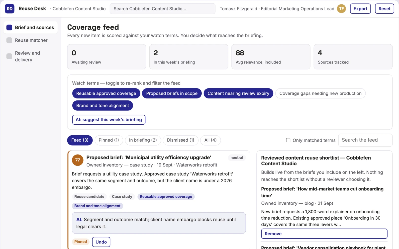 Screenshot of the Content brief reuse matcher interactive demo