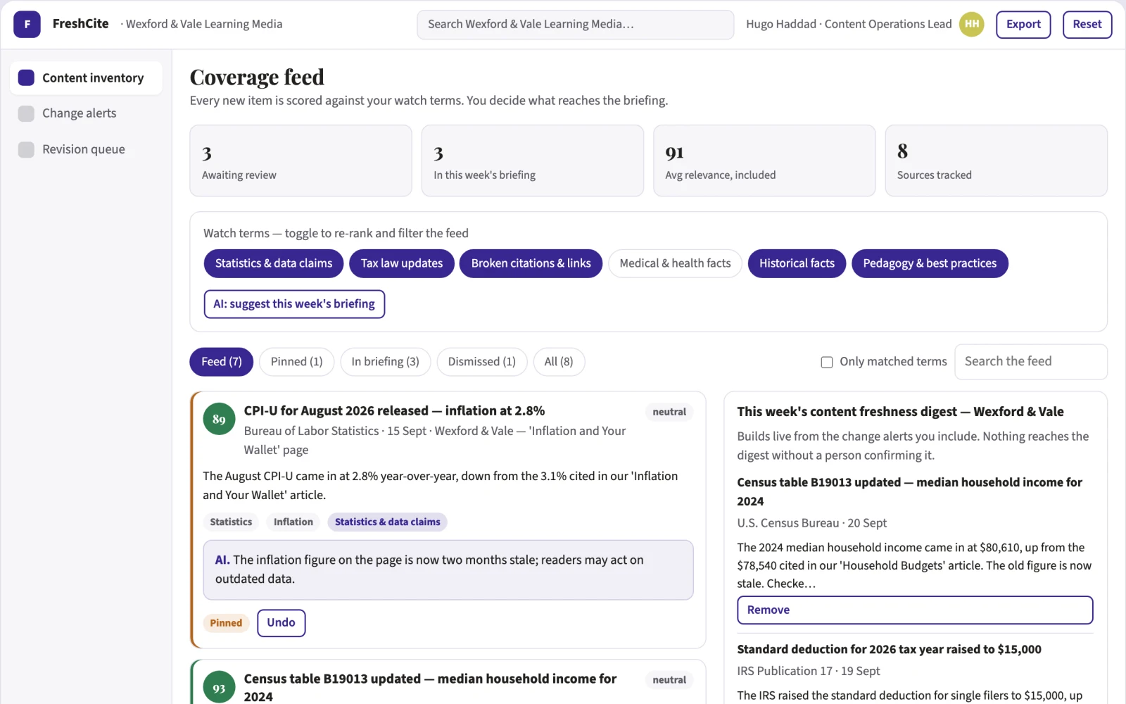 Screenshot of the Content refresh subscription interactive demo