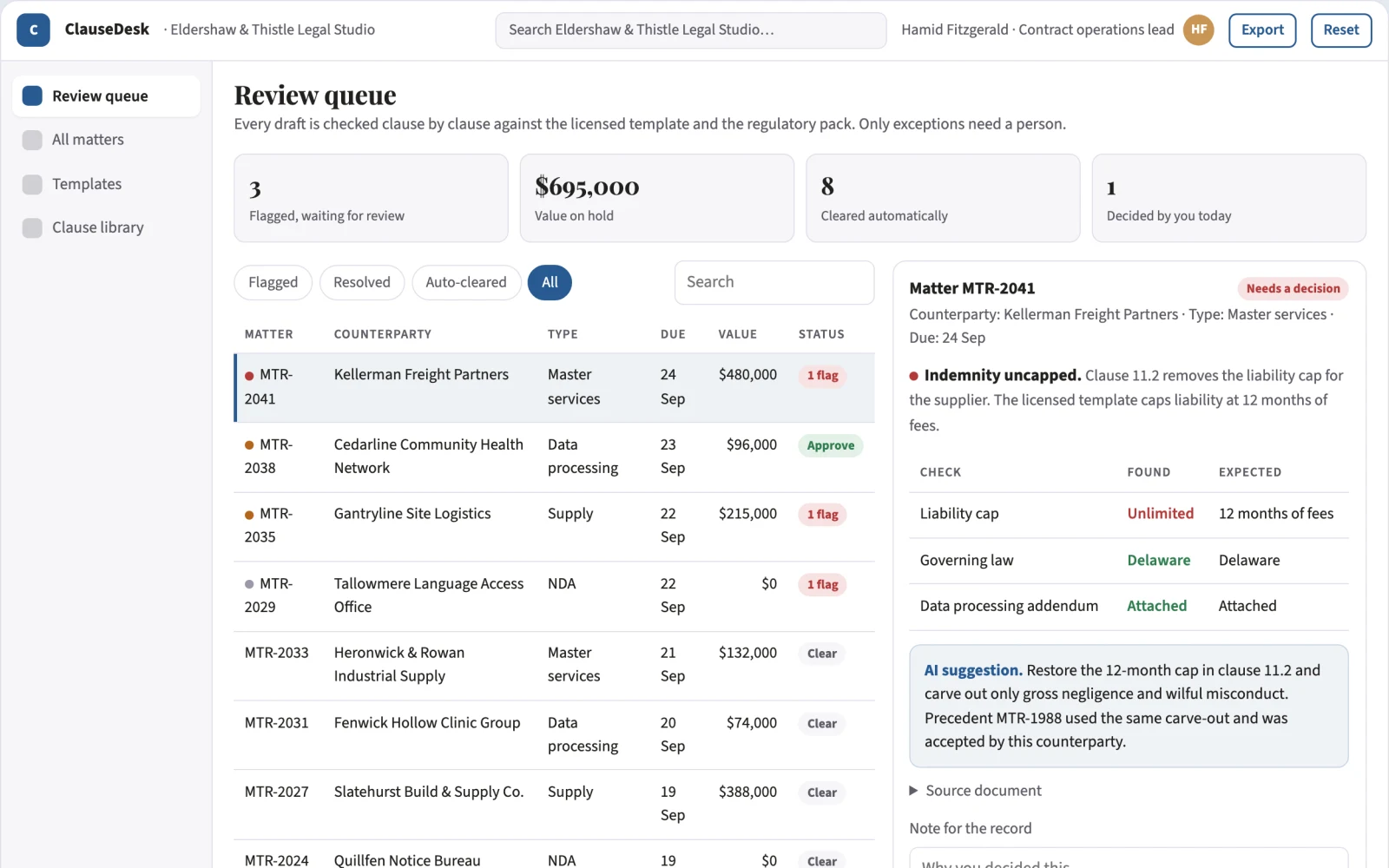 Screenshot of the Contract drafting and review coordination portal interactive demo