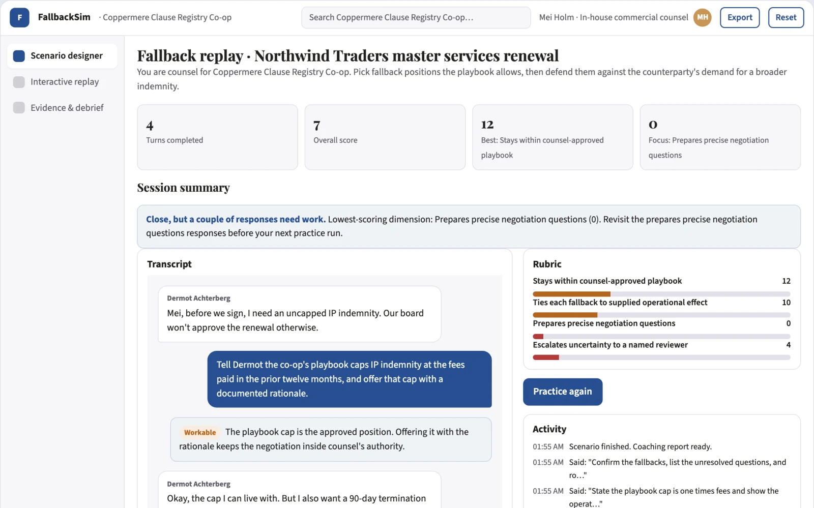 Screenshot of the Contract negotiation fallback simulator interactive demo
