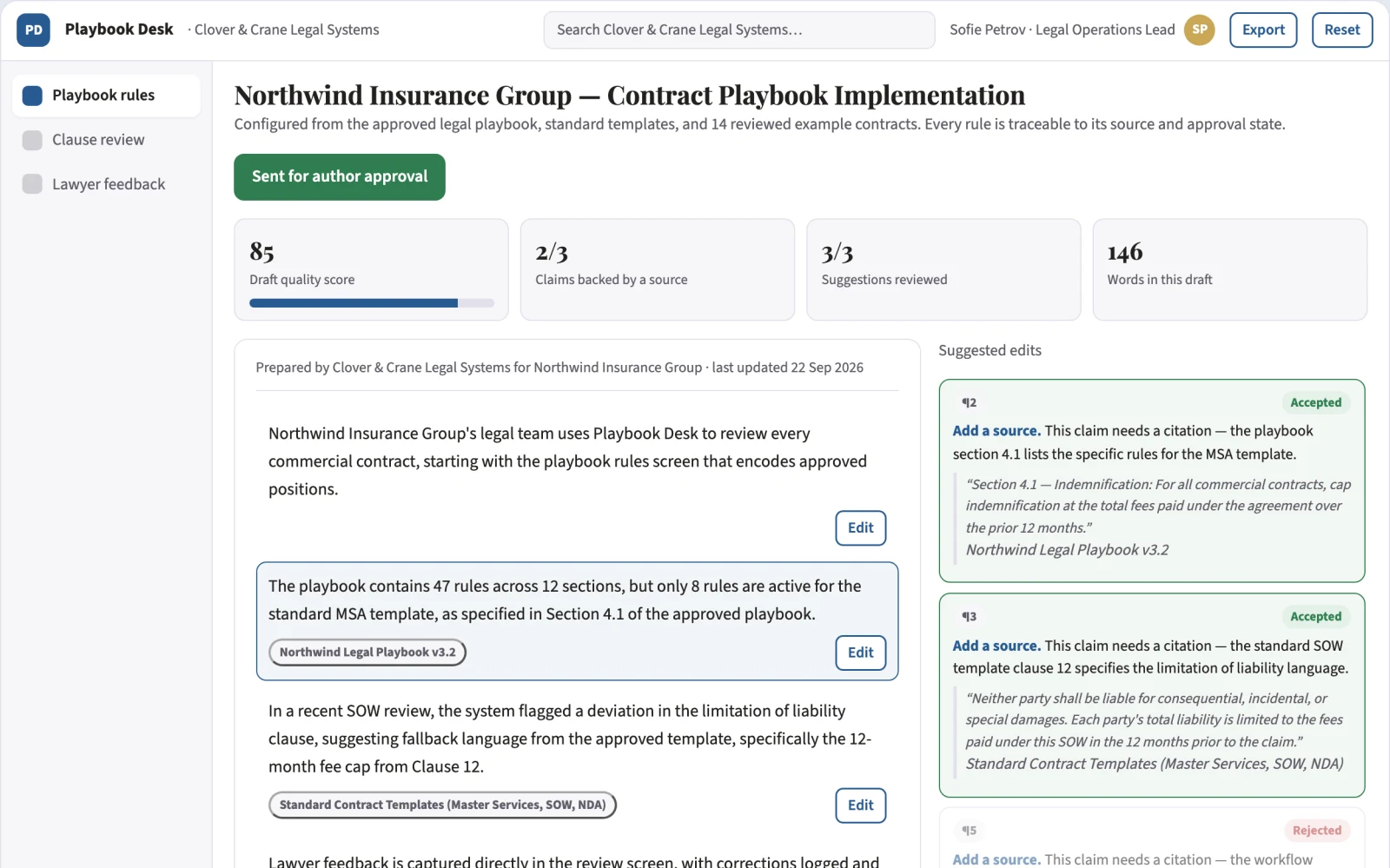 Screenshot of the Contract playbook implementation interactive demo