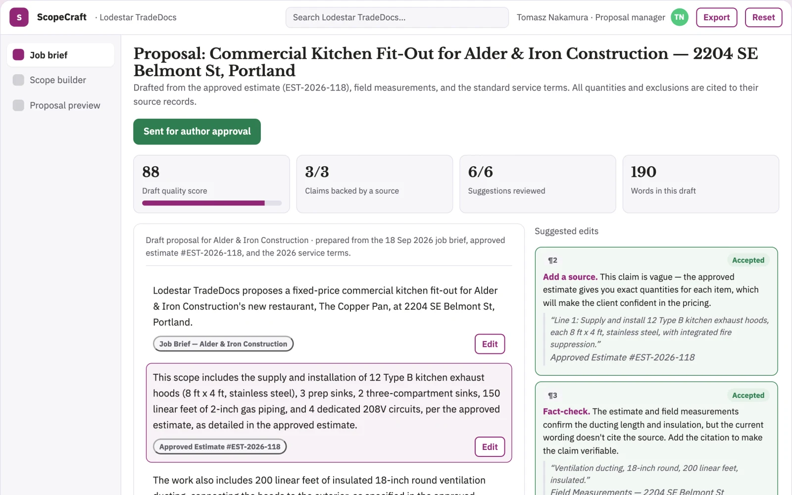 Demo screen of Contractor proposal service