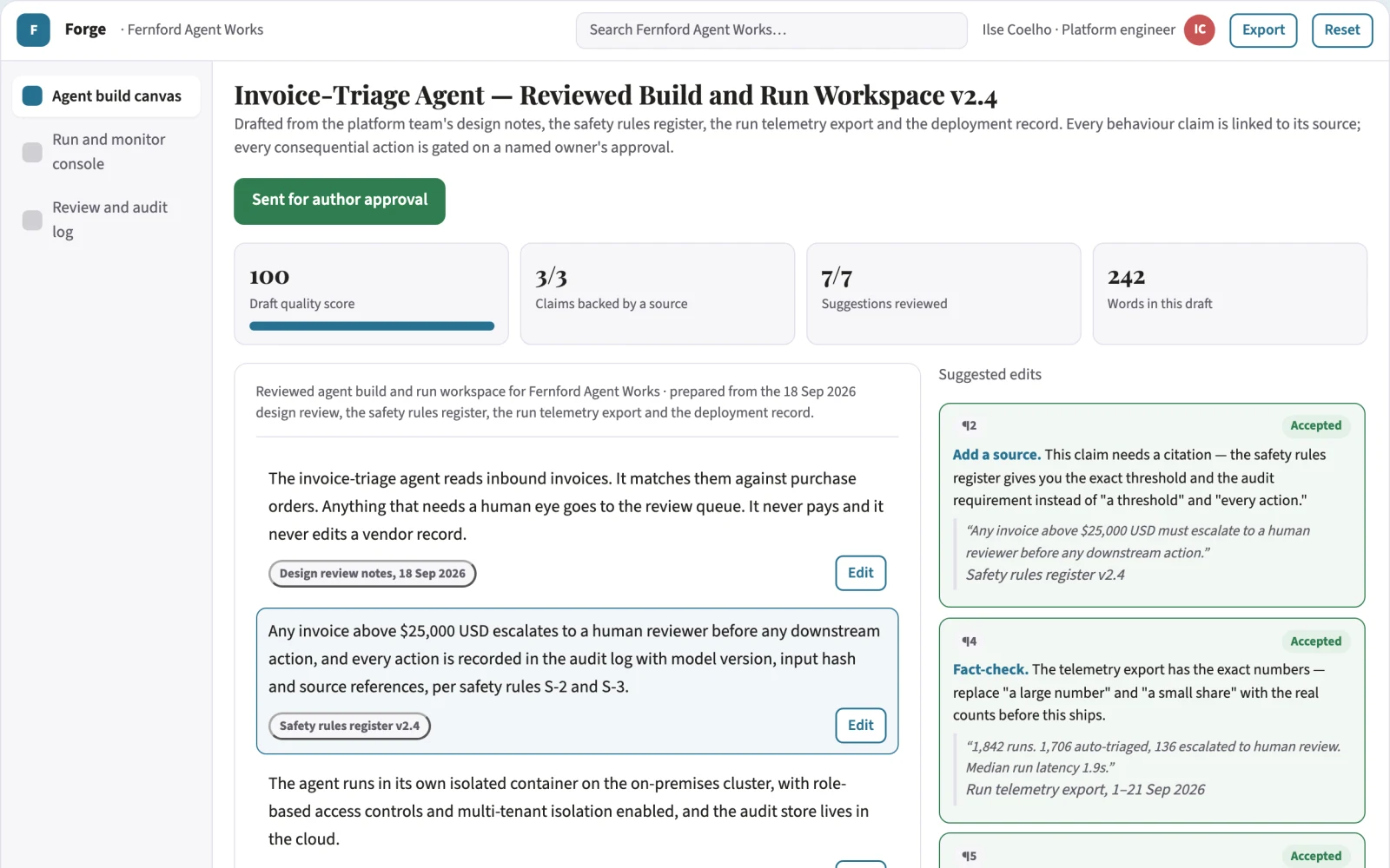 Screenshot of the Controlled agent build and run workspace interactive demo