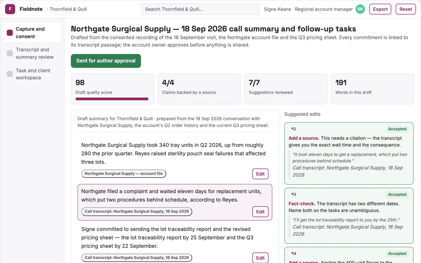 Screenshot of the Conversation capture and follow-up workspace interactive demo