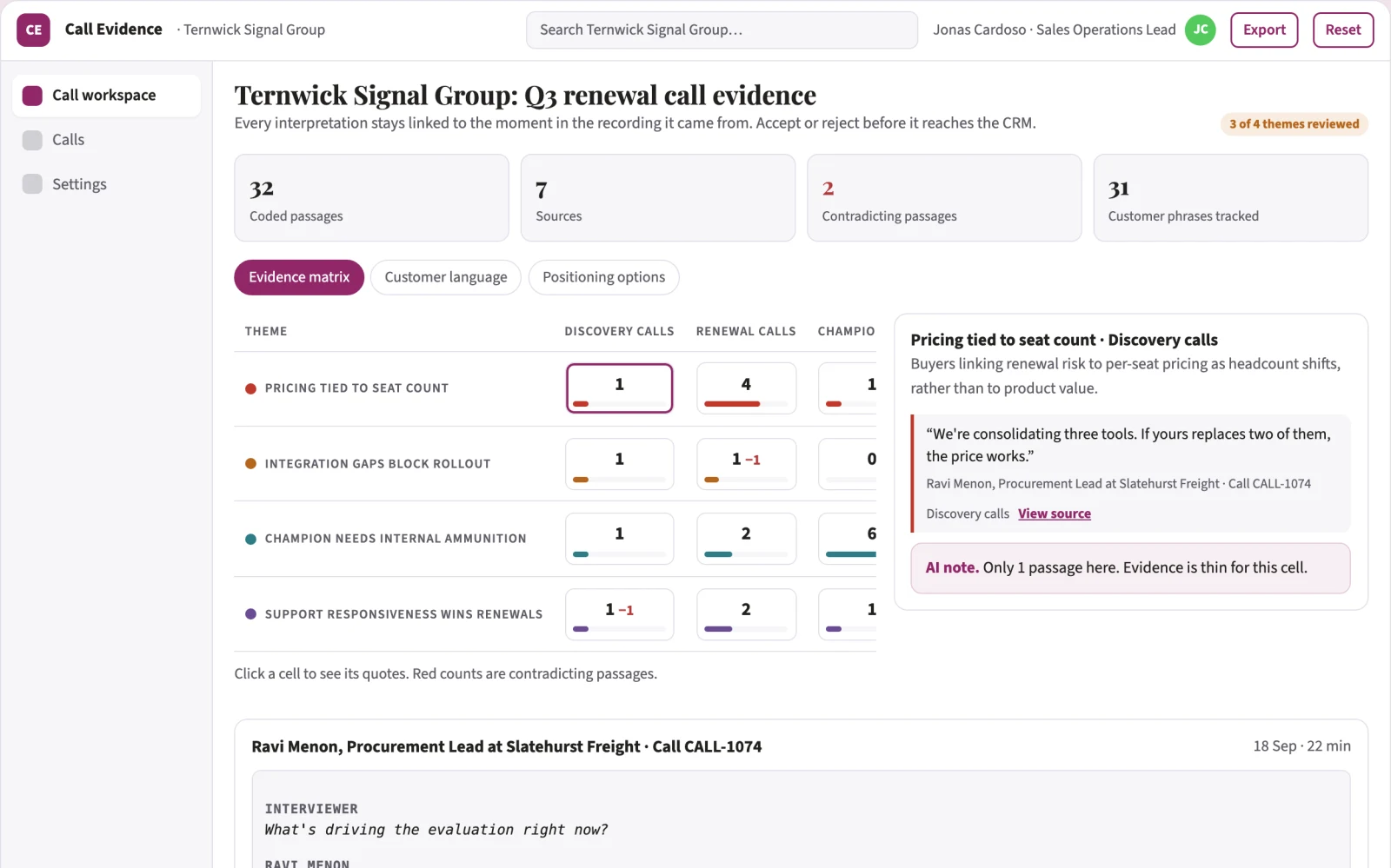 Screenshot of the Conversation evidence and follow-up workspace interactive demo