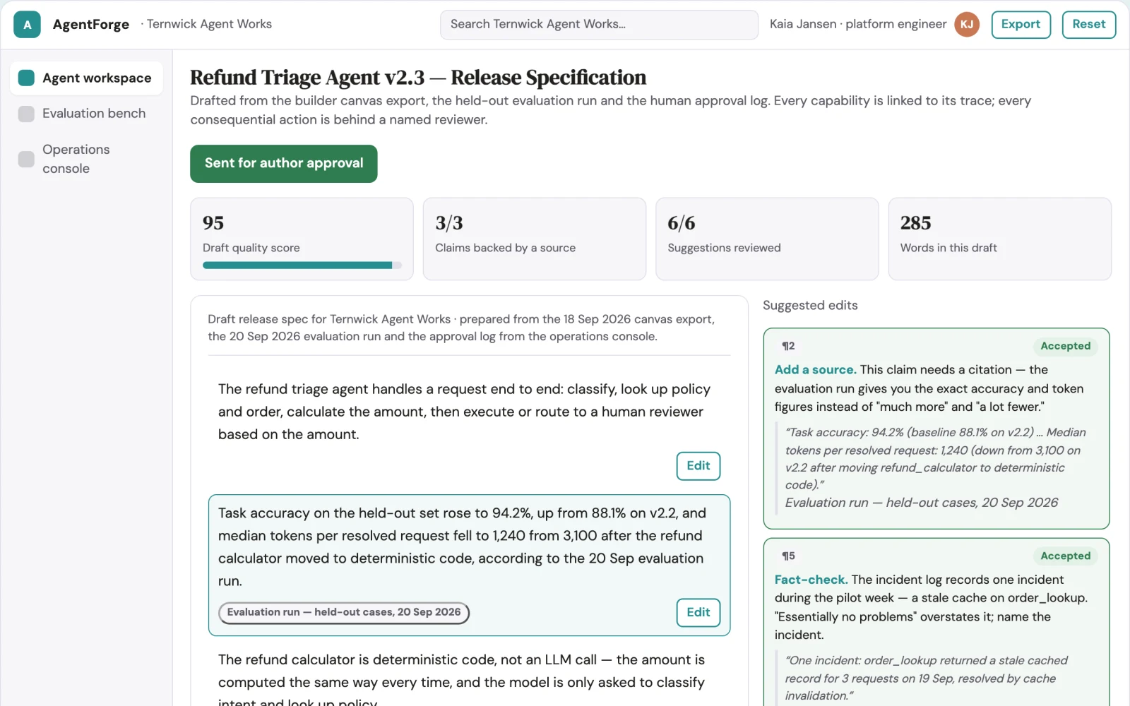 Screenshot of the Conversational agent build and operations workspace interactive demo