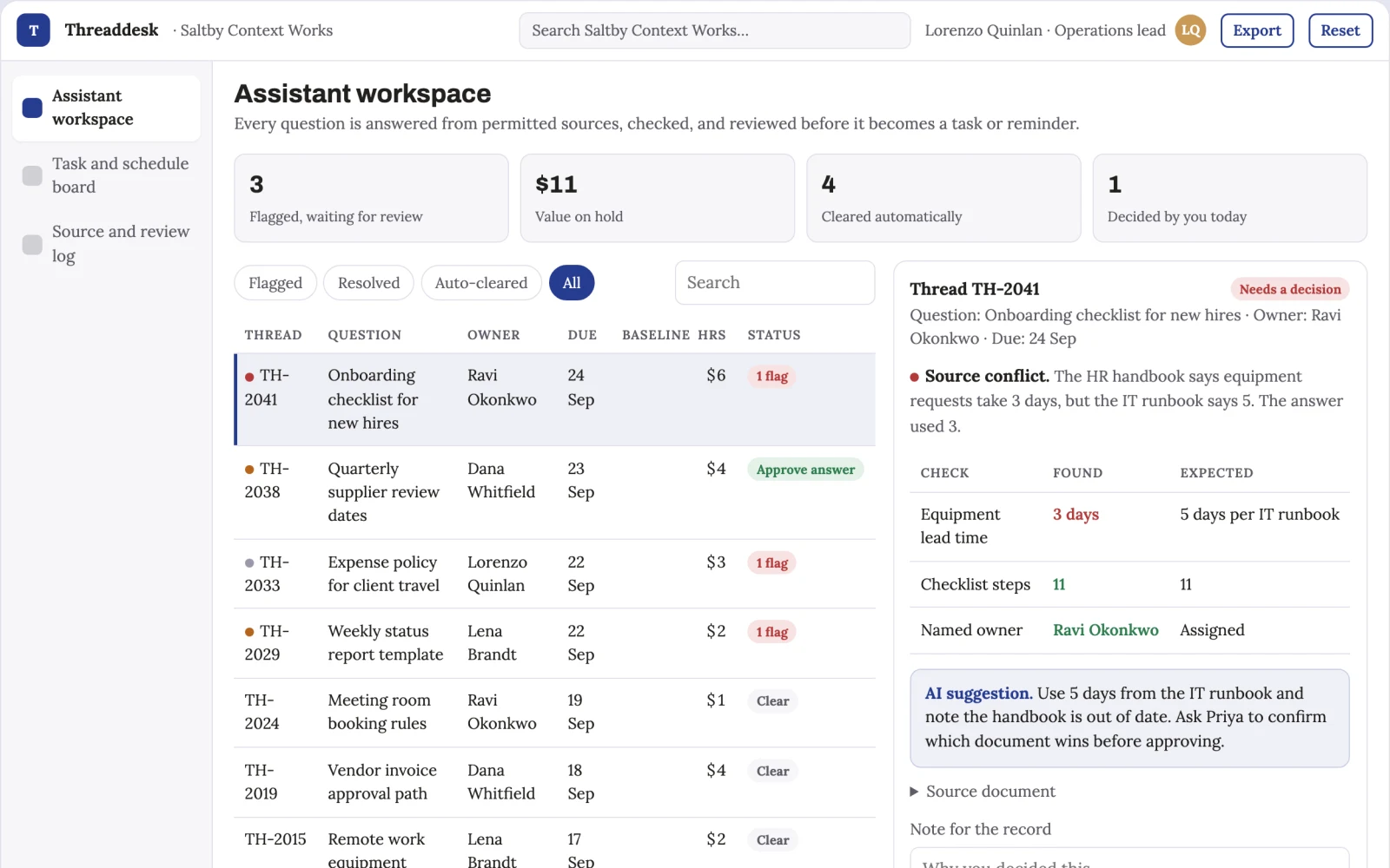 Screenshot of the Conversational assistant and task coordination portal interactive demo