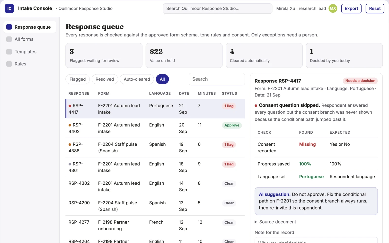 Screenshot of the Conversational intake and response library console interactive demo