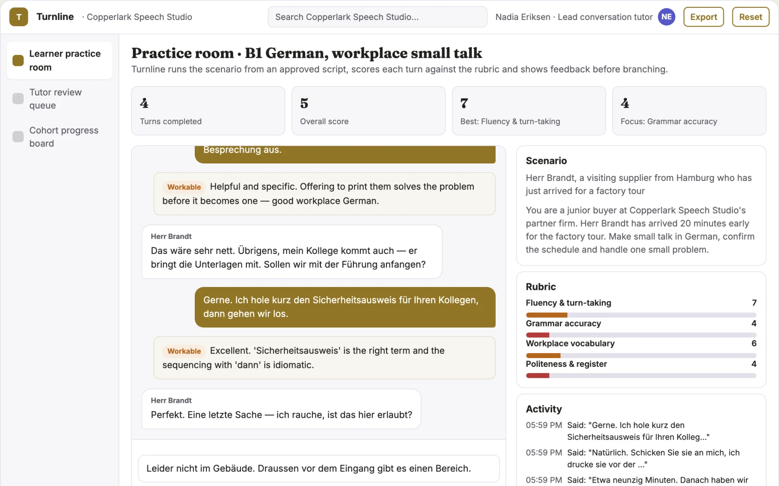 Screenshot of the Conversational language practice studio interactive demo