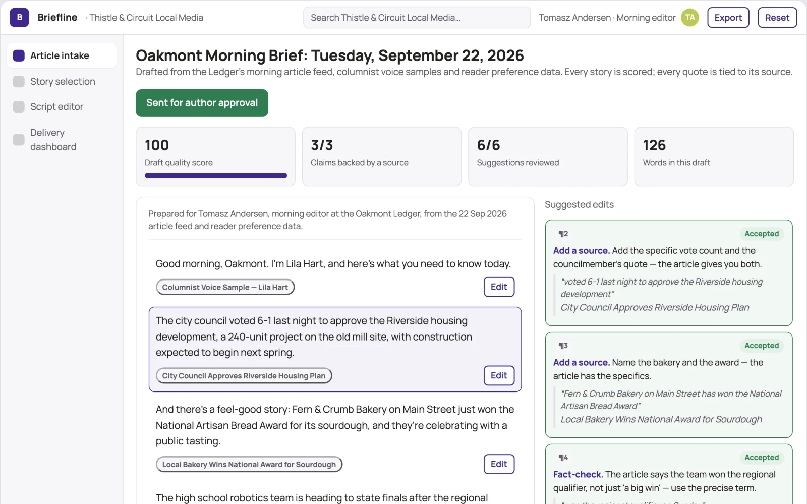 Demo screen of Morning Local Brief