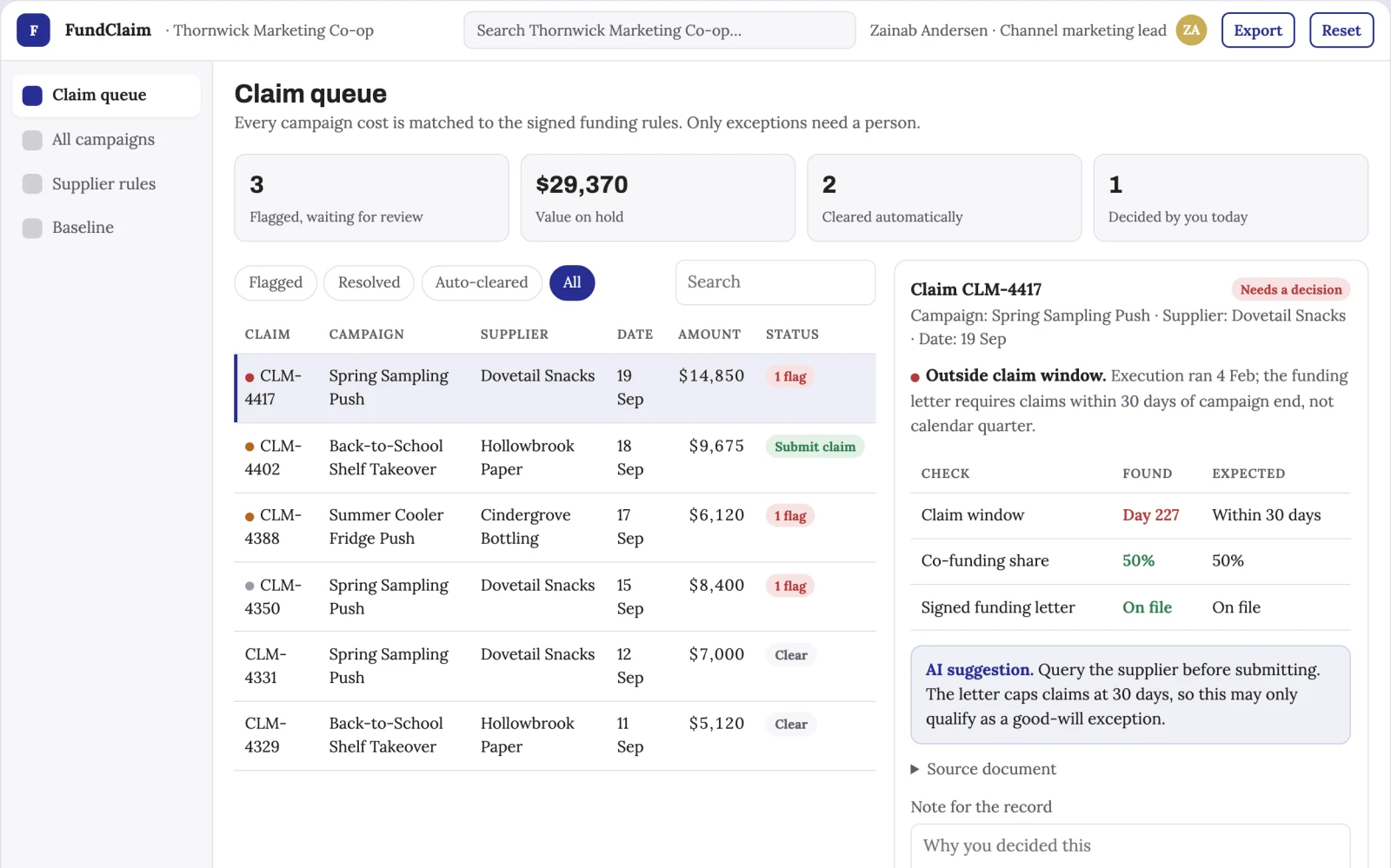 Screenshot of the Cooperative marketing fund claim builder interactive demo