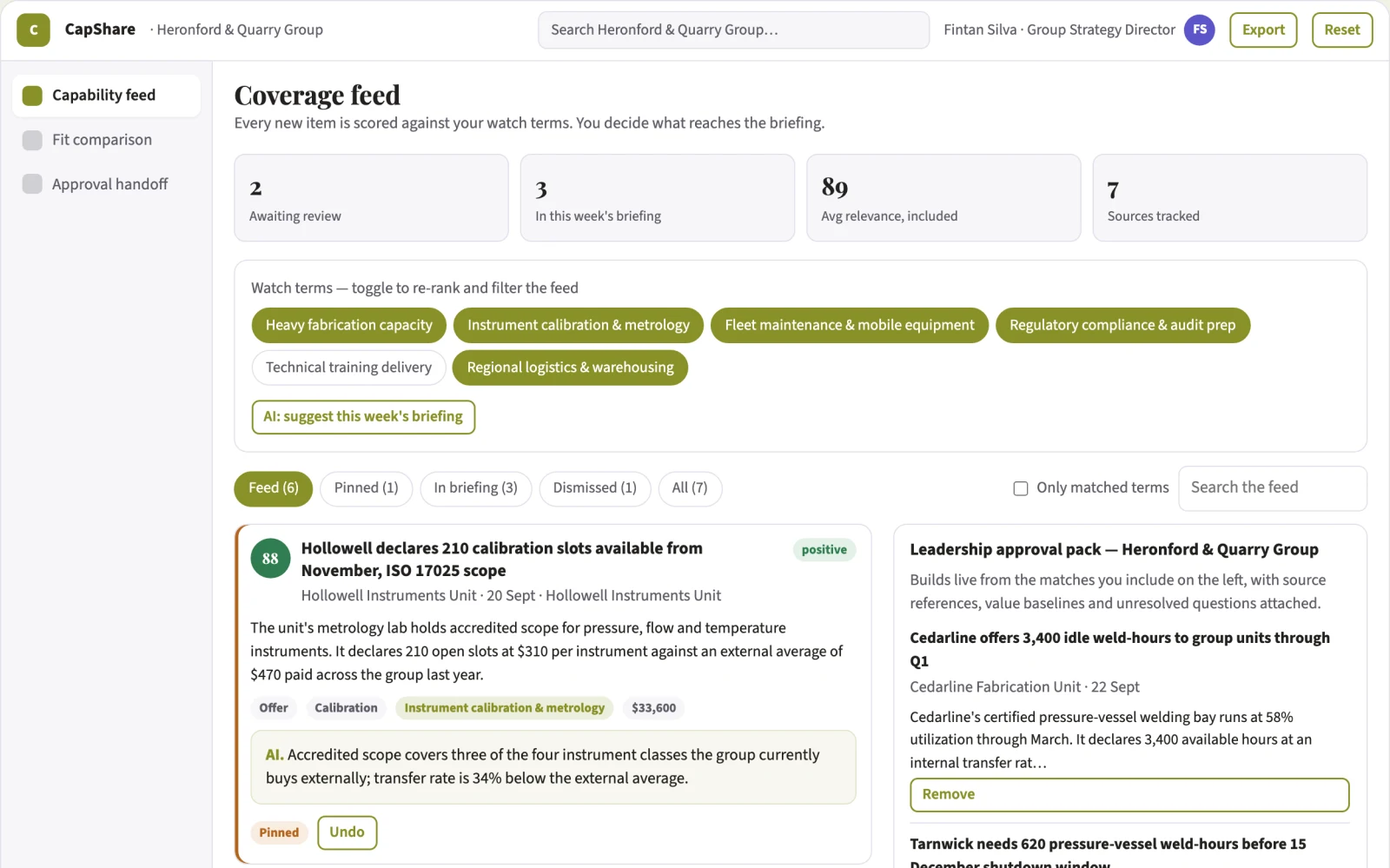 Screenshot of the Corporate capability sharing exchange interactive demo