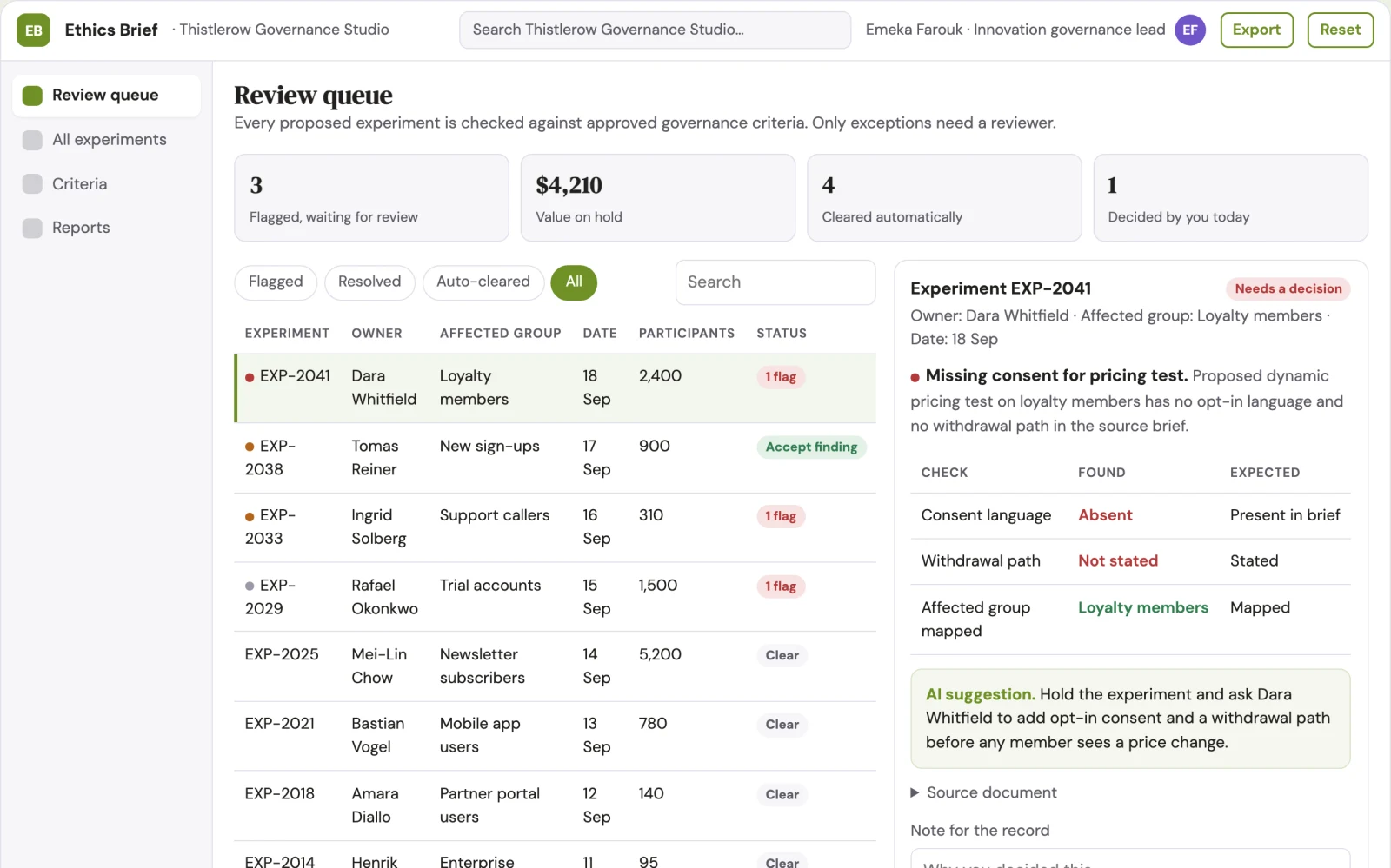 Screenshot of the Corporate experimentation ethics brief interactive demo