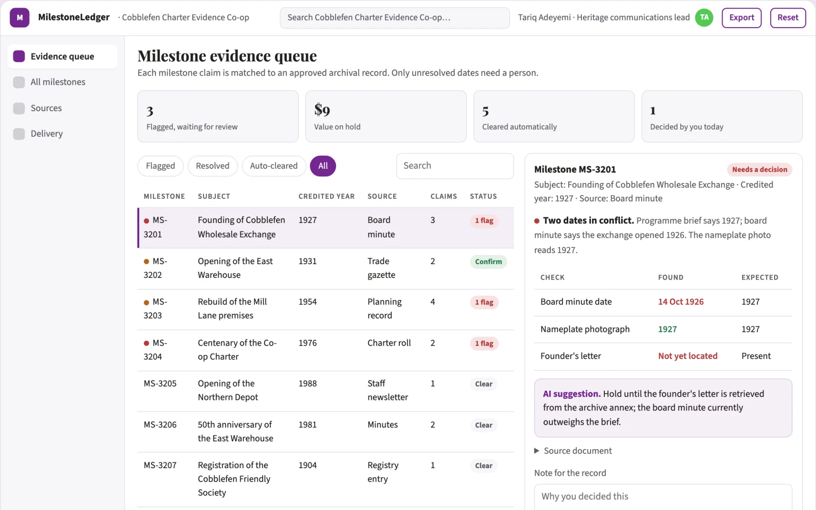 Screenshot of the Corporate milestone evidence planner interactive demo