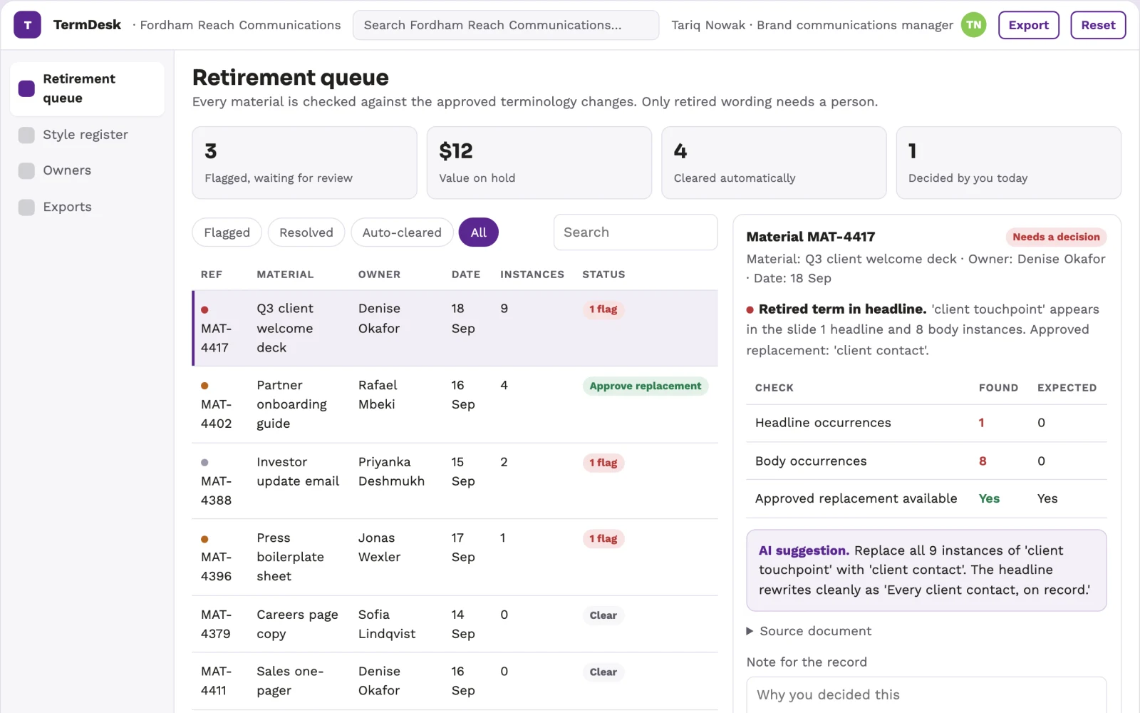 Screenshot of the Corporate terminology retirement desk interactive demo
