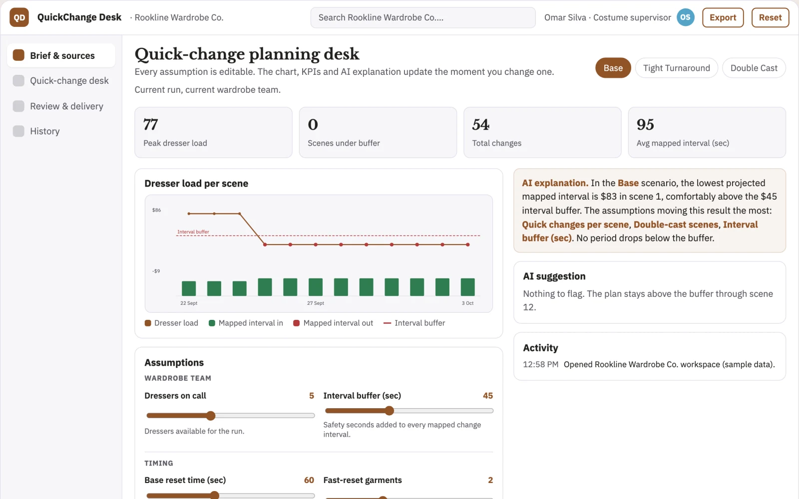 Screenshot of the Costume quick-change planning desk interactive demo