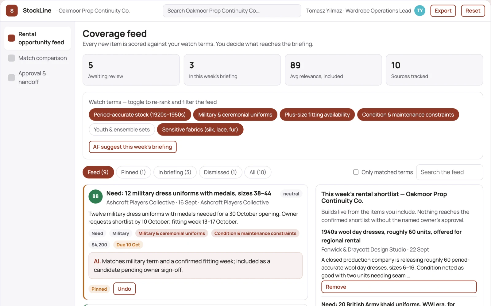 Screenshot of the Costume stock rental exchange interactive demo