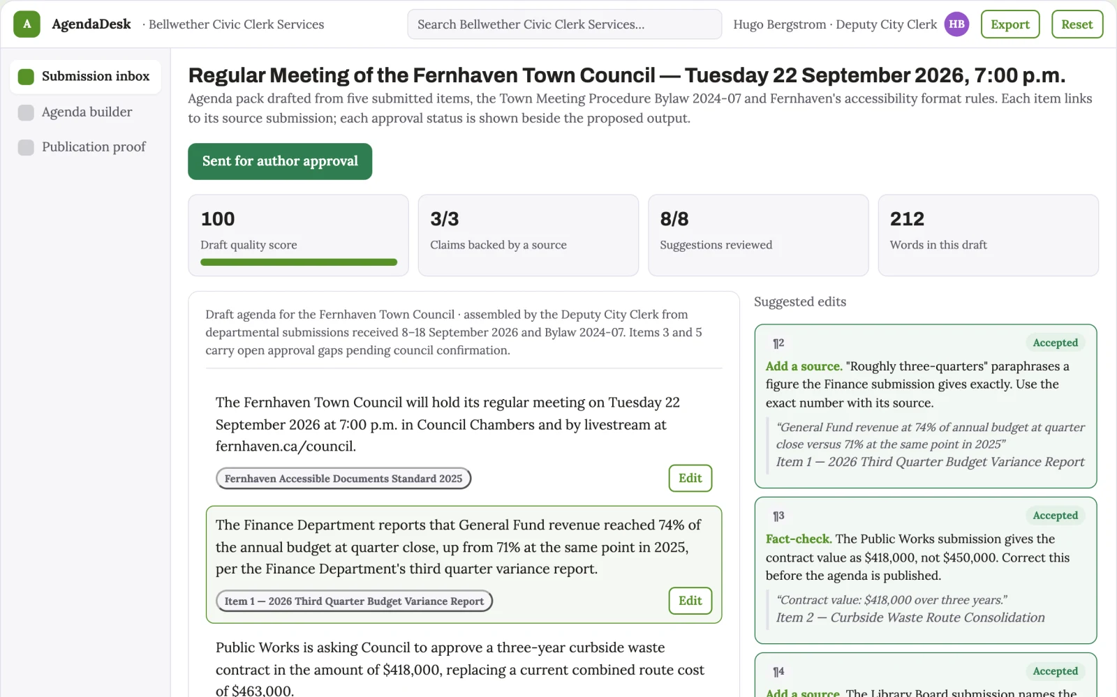 Screenshot of the Council agenda assembly desk interactive demo